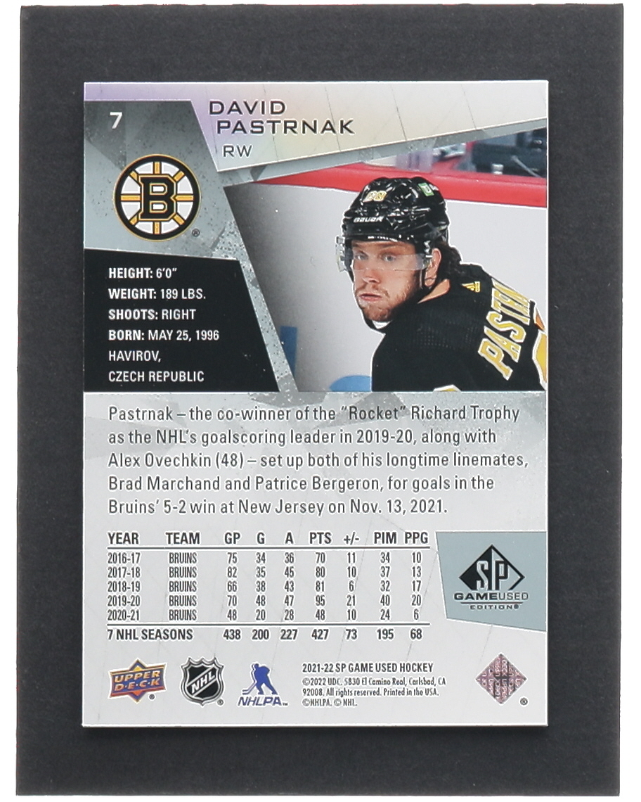 Davis Pastrnak 2021-22 SP Game Used #7 #56/88 at PristineAuction.com Davis Pastrnak 2021-22 SP Game Used #7 #56/88 at PristineAuction.com