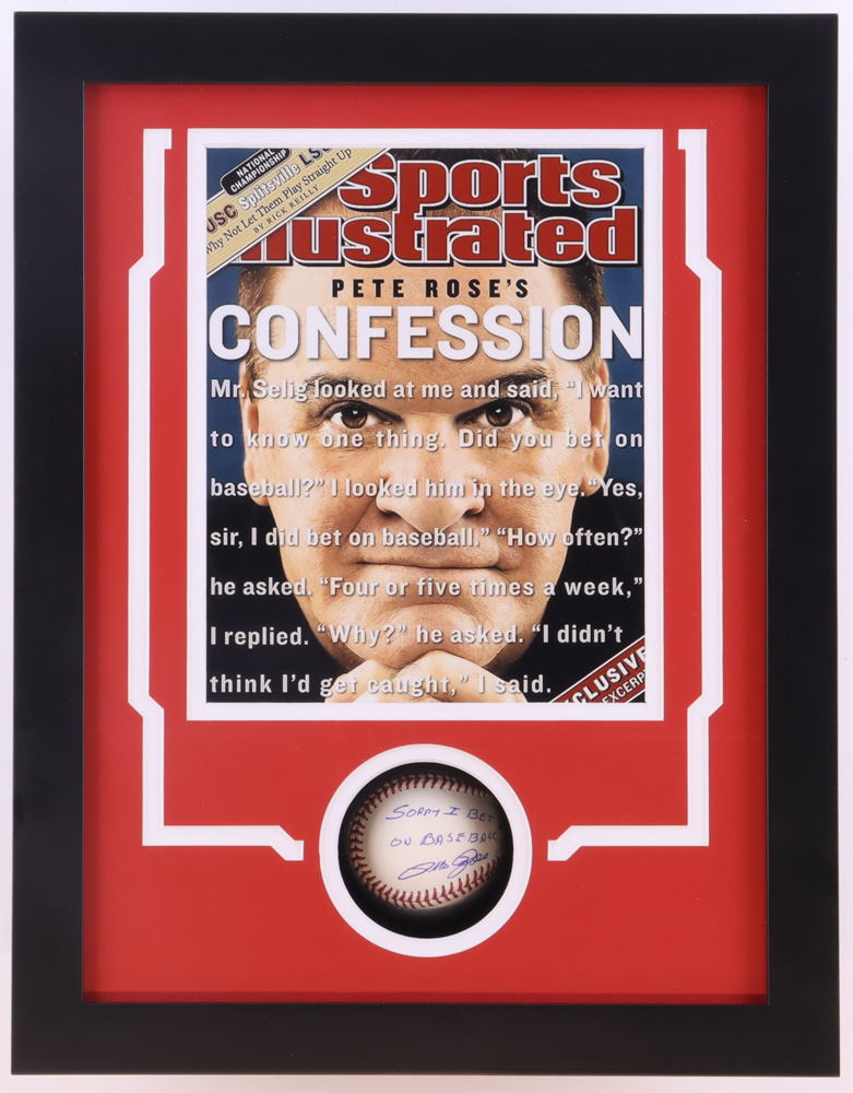 Pete Rose Signed Custom Framed Baseball Display Inscribed "Sorry I Bet On Baseball" (JSA) at PristineAuction.com Pete Rose Signed Custom Framed Baseball Display Inscribed "Sorry I Bet On Baseball" (JSA) at PristineAuction.com