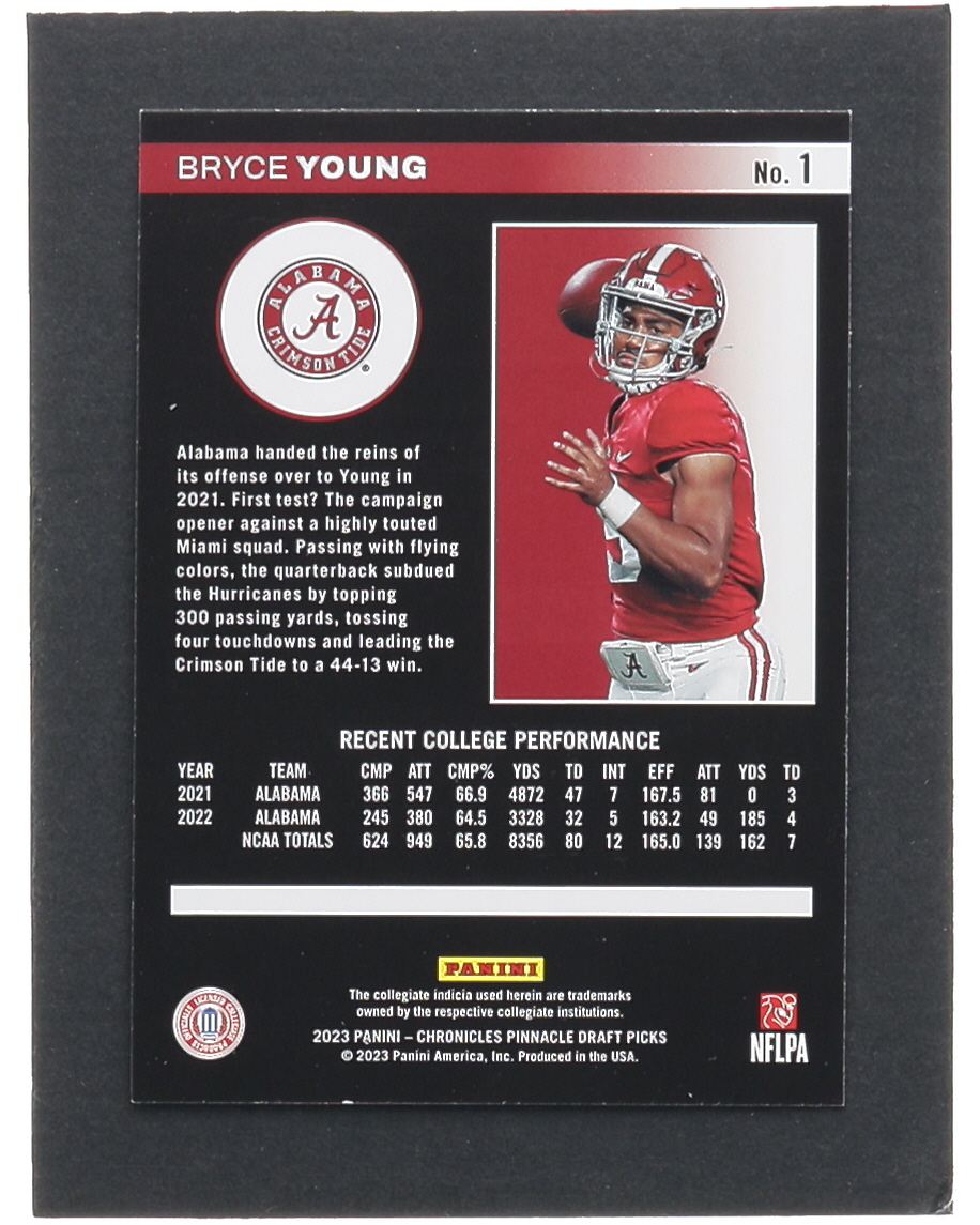 Bryce Young 2023 Panini Chronicles Draft Picks Pinnacle Pink #1 RC at PristineAuction.com Bryce Young 2023 Panini Chronicles Draft Picks Pinnacle Pink #1 RC at PristineAuction.com