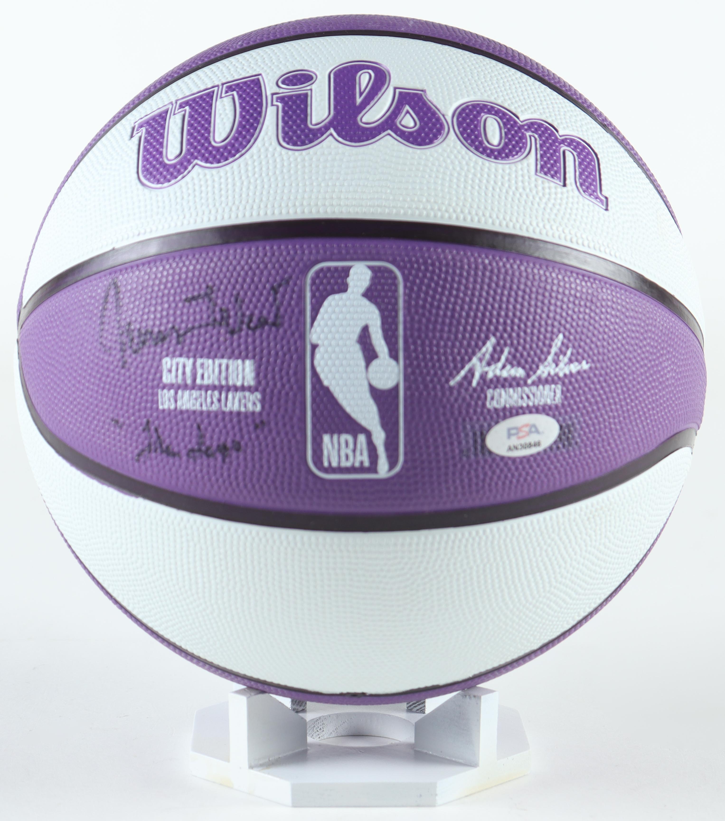 Jerry West Signed Lakers NBA Basketball Inscribed "The Logo" With Display Stand (PSA) at PristineAuction.com Jerry West Signed Lakers NBA Basketball Inscribed "The Logo" With Display Stand (PSA) at PristineAuction.com