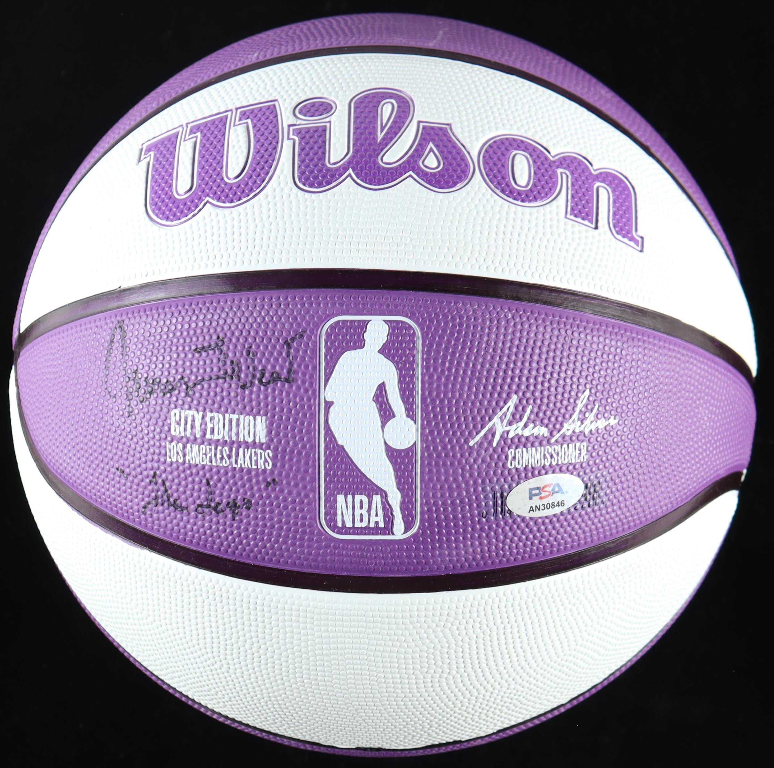 Jerry West Signed Lakers NBA Basketball Inscribed "The Logo" With Display Stand (PSA) at PristineAuction.com Jerry West Signed Lakers NBA Basketball Inscribed "The Logo" With Display Stand (PSA) at PristineAuction.com