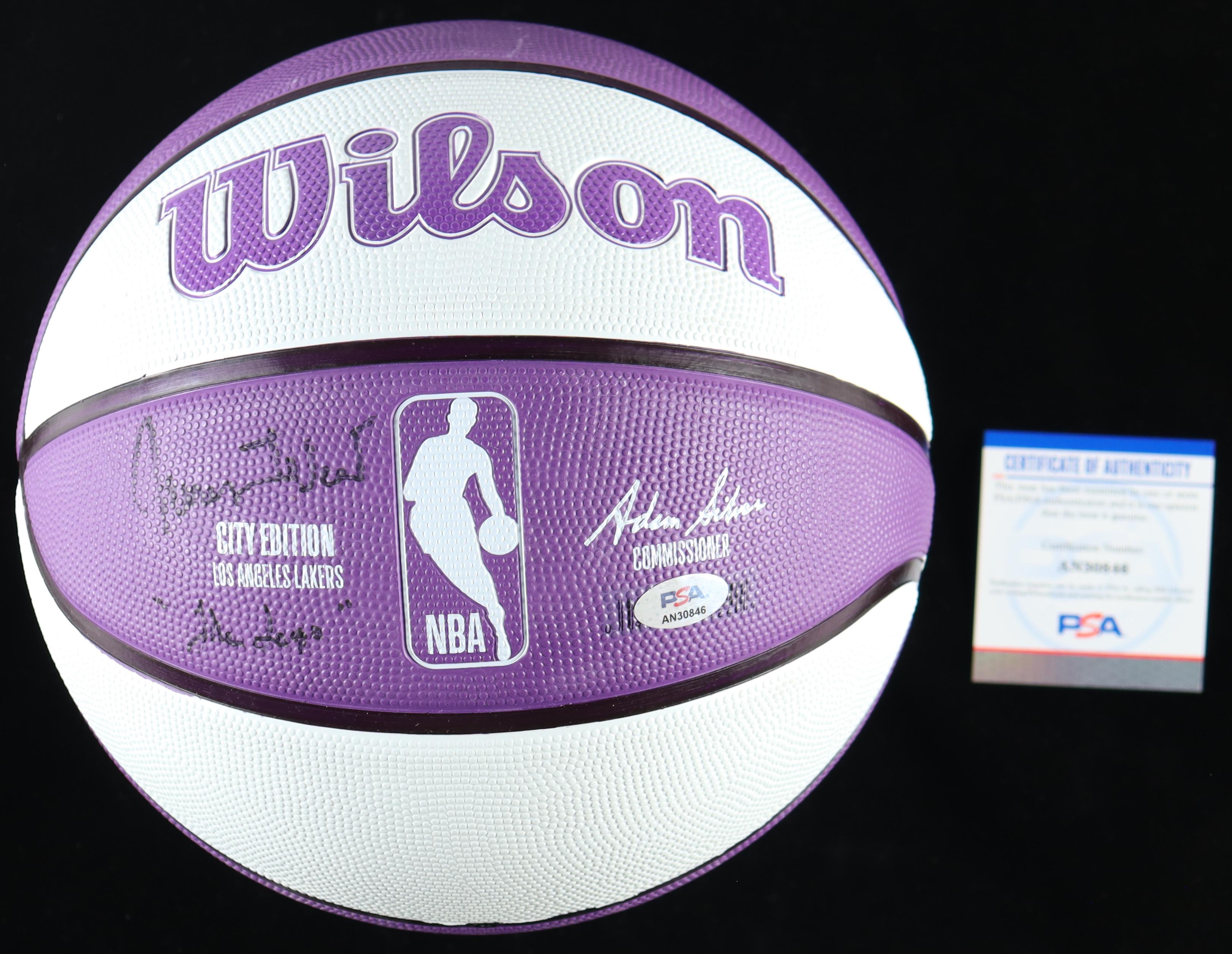 Jerry West Signed Lakers NBA Basketball Inscribed "The Logo" With Display Stand (PSA) at PristineAuction.com Jerry West Signed Lakers NBA Basketball Inscribed "The Logo" With Display Stand (PSA) at PristineAuction.com