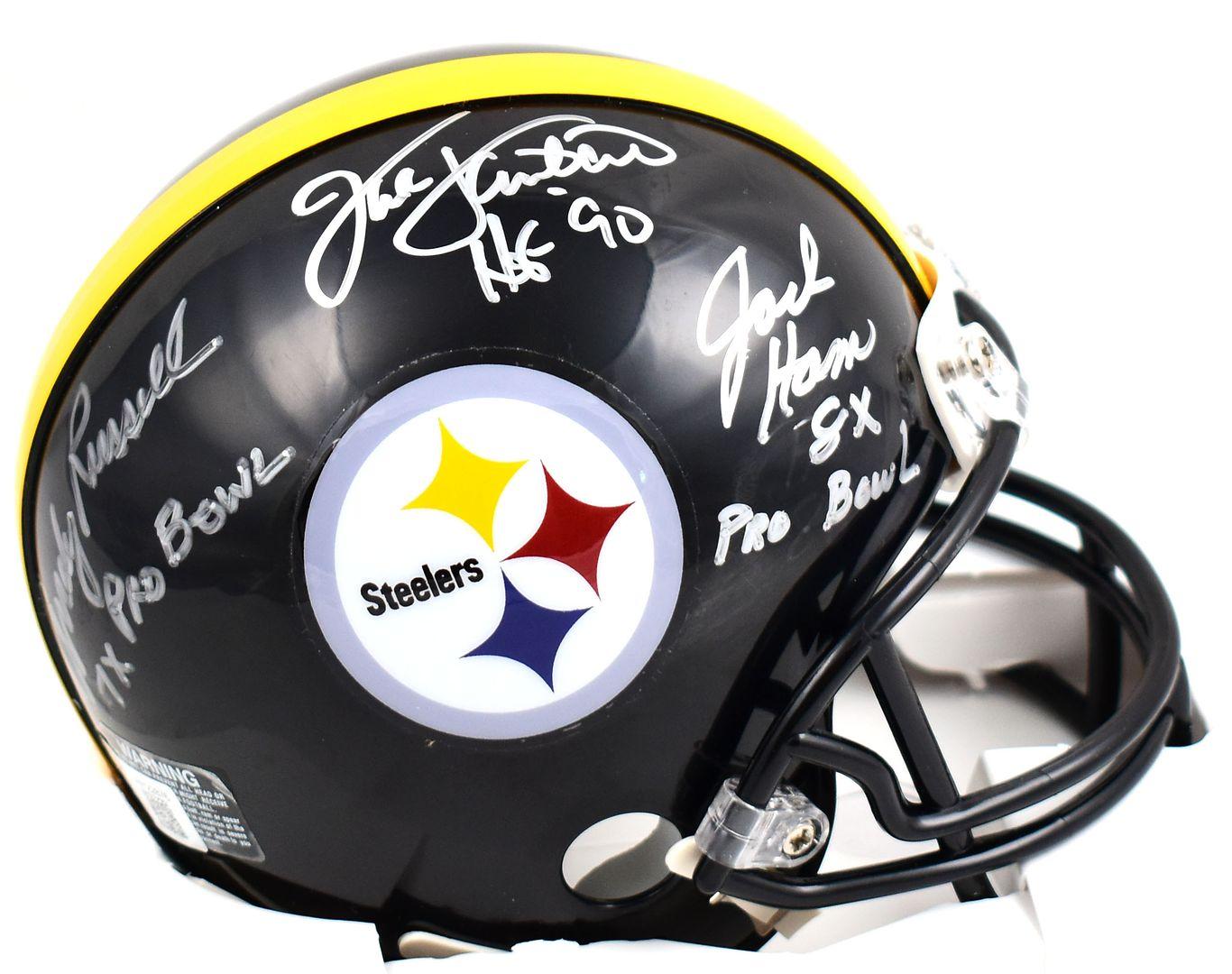 Jack Ham, Andy Russell & Jack Lambert Signed Steelers Mini Helmet Inscribed "HOF 90", "7x Pro Bowl" & "8x Pro Bowl" (Beckett) at PristineAuction.com Jack Ham, Andy Russell & Jack Lambert Signed Steelers Mini Helmet Inscribed "HOF 90", "7x Pro Bowl" & "8x Pro Bowl" (Beckett) at PristineAuction.com