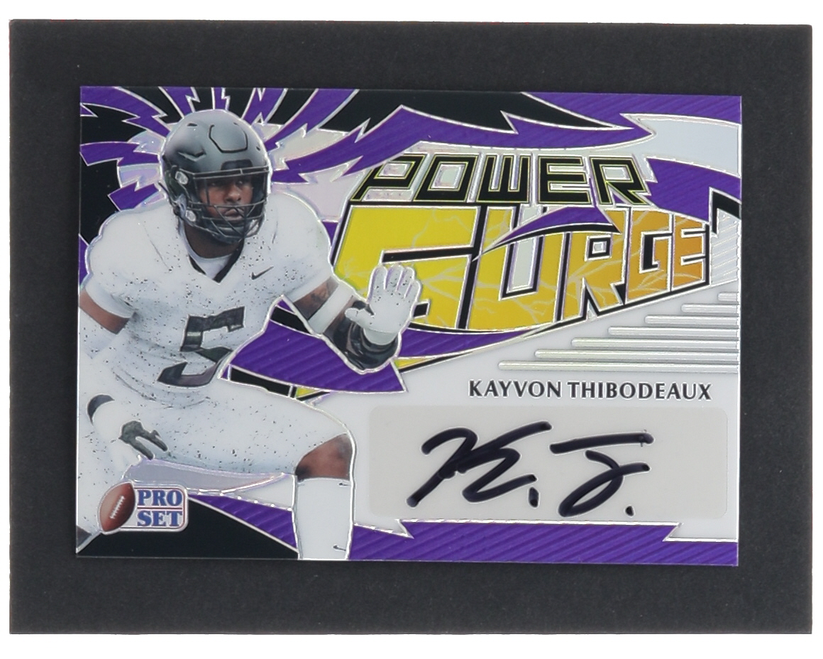 Kayvon Thibodeaux 2022 Leaf Pro Set Metal Power Surge Prismatic Purple #PSKT1 #13/30 RC at PristineAuction.com Kayvon Thibodeaux 2022 Leaf Pro Set Metal Power Surge Prismatic Purple #PSKT1 #13/30 RC at PristineAuction.com
