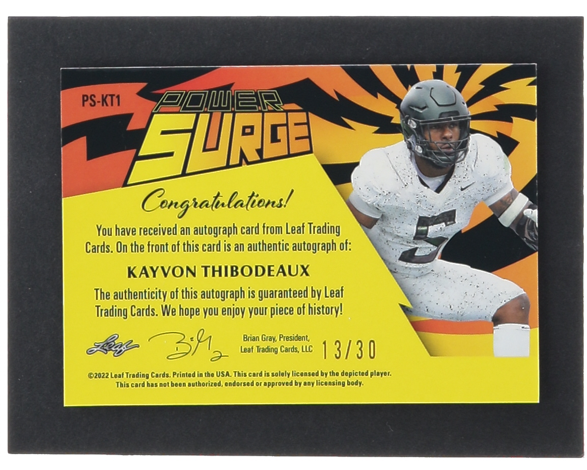 Kayvon Thibodeaux 2022 Leaf Pro Set Metal Power Surge Prismatic Purple #PSKT1 #13/30 RC at PristineAuction.com Kayvon Thibodeaux 2022 Leaf Pro Set Metal Power Surge Prismatic Purple #PSKT1 #13/30 RC at PristineAuction.com