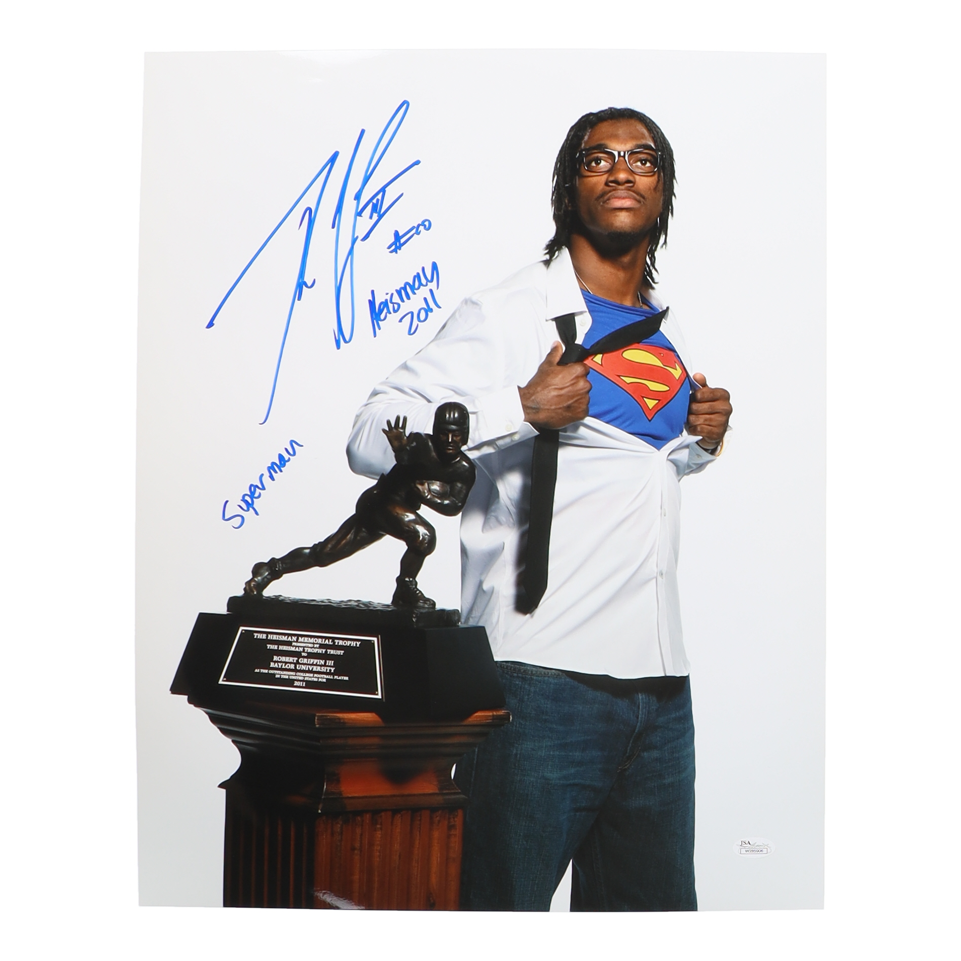 Robert Griffin III Signed Baylor Bears 16x20 Photo Inscribed "Superman" & "Heisman 2011" (JSA) at PristineAuction.com Robert Griffin III Signed Baylor Bears 16x20 Photo Inscribed "Superman" & "Heisman 2011" (JSA) at PristineAuction.com