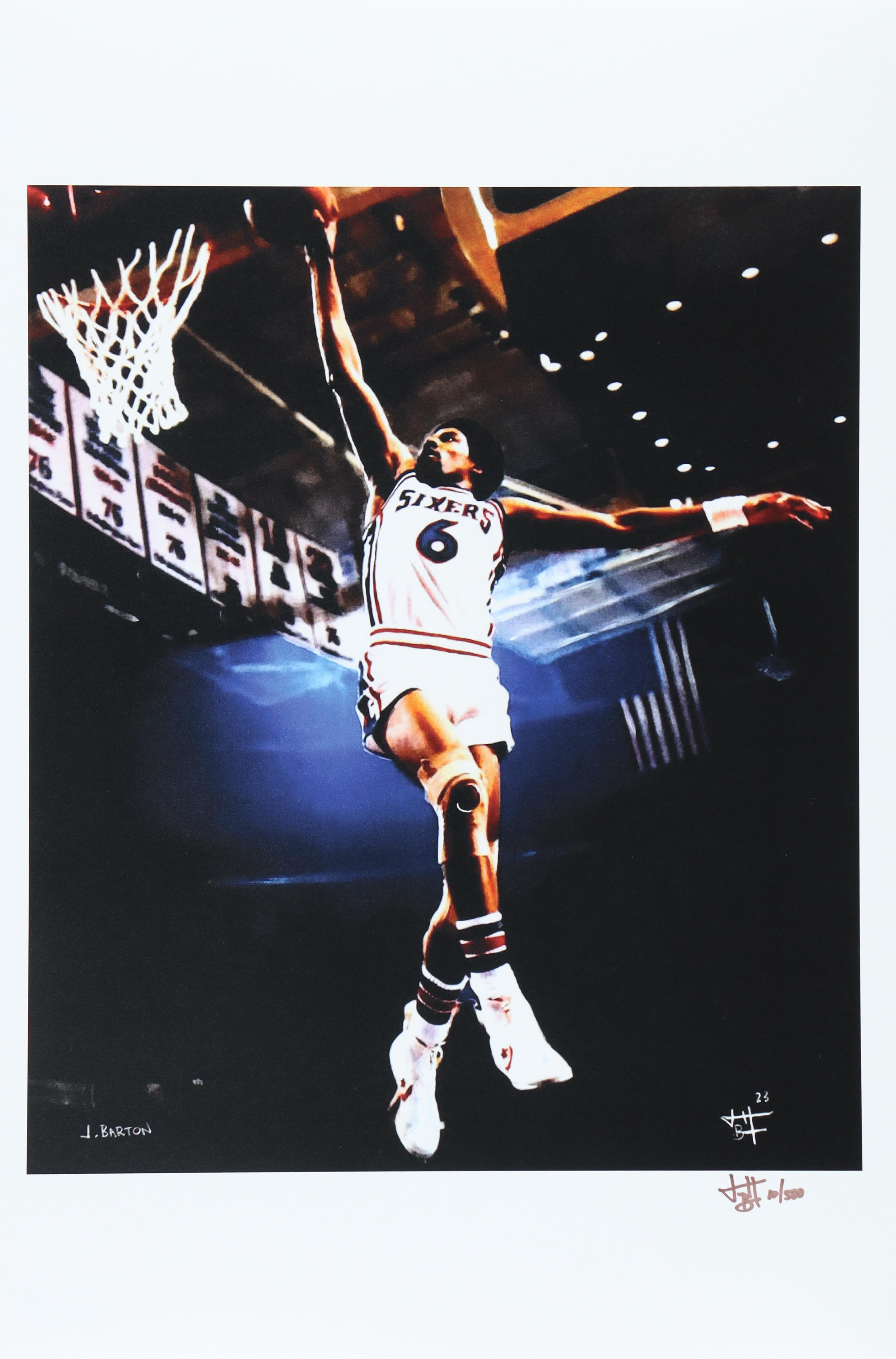 Julius Erving - 76ers - Joshua Barton Signed LE 12x18 Lithograph #/500 (PA) at PristineAuction.com Julius Erving - 76ers - Joshua Barton Signed LE 12x18 Lithograph #/500 (PA) at PristineAuction.com
