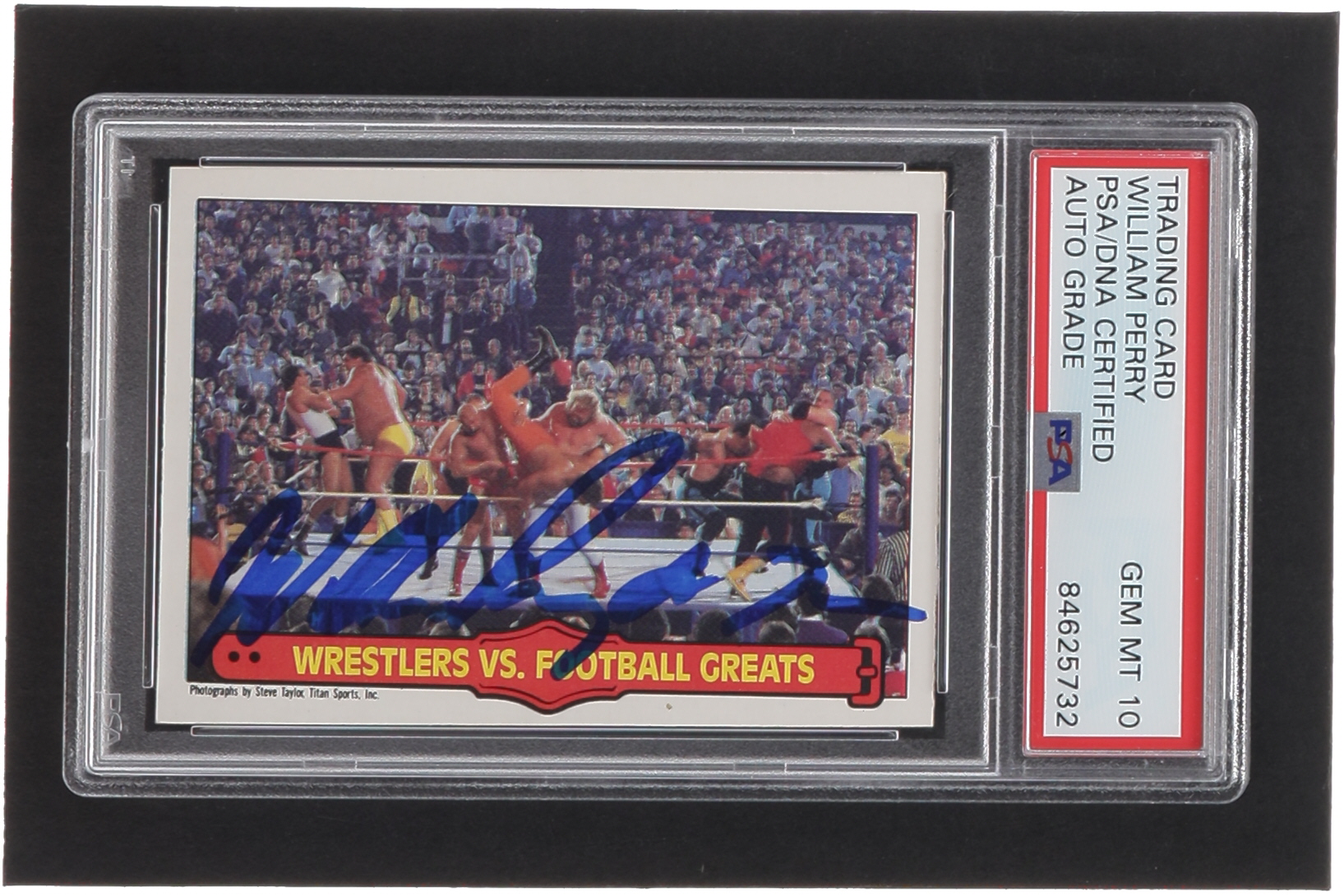 William Perry Signed 1985-86 O-Pee-Chee WWF Series 2 #67 Wrestlers vs. Football Greats (PSA | Auto 10) at PristineAuction.com William Perry Signed 1985-86 O-Pee-Chee WWF Series 2 #67 Wrestlers vs. Football Greats (PSA | Auto 10) at PristineAuction.com