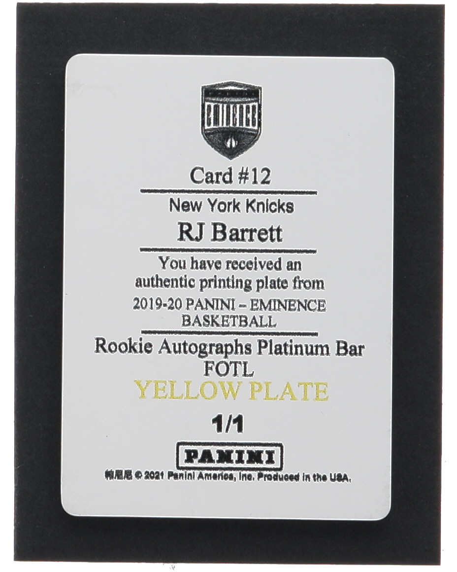 RJ Barrett 2019-20 Panini Eminence Rookie Autographs Platinum Bar Printing Plates Yellow #12 RC #1/1 at PristineAuction.com RJ Barrett 2019-20 Panini Eminence Rookie Autographs Platinum Bar Printing Plates Yellow #12 RC #1/1 at PristineAuction.com