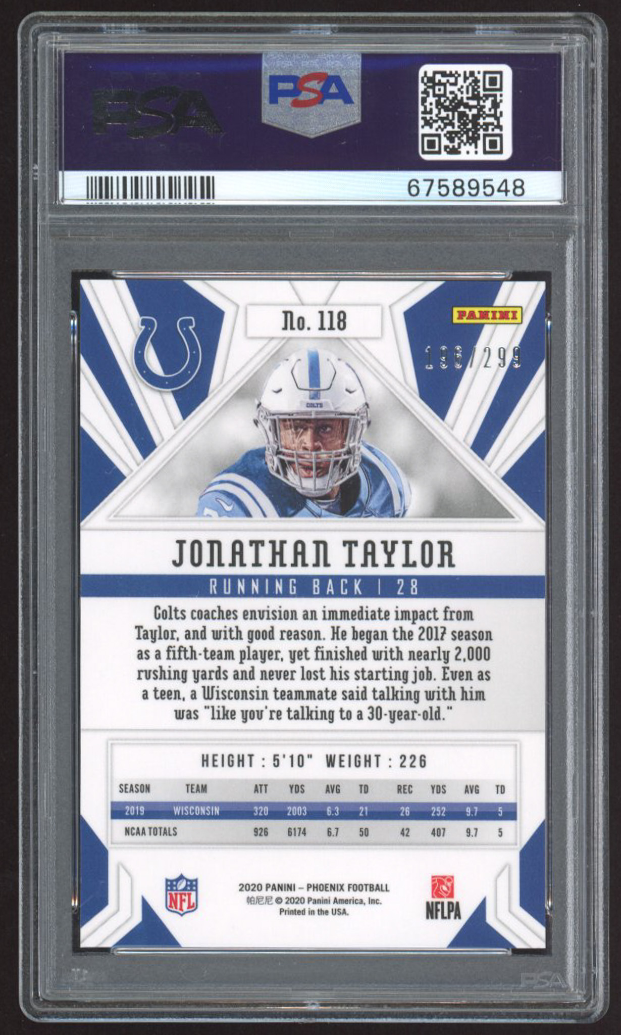 Jonathan Taylor 2020 Panini Phoenix Red #118 RC #196/299 (PSA 10) at PristineAuction.com Jonathan Taylor 2020 Panini Phoenix Red #118 RC #196/299 (PSA 10) at PristineAuction.com