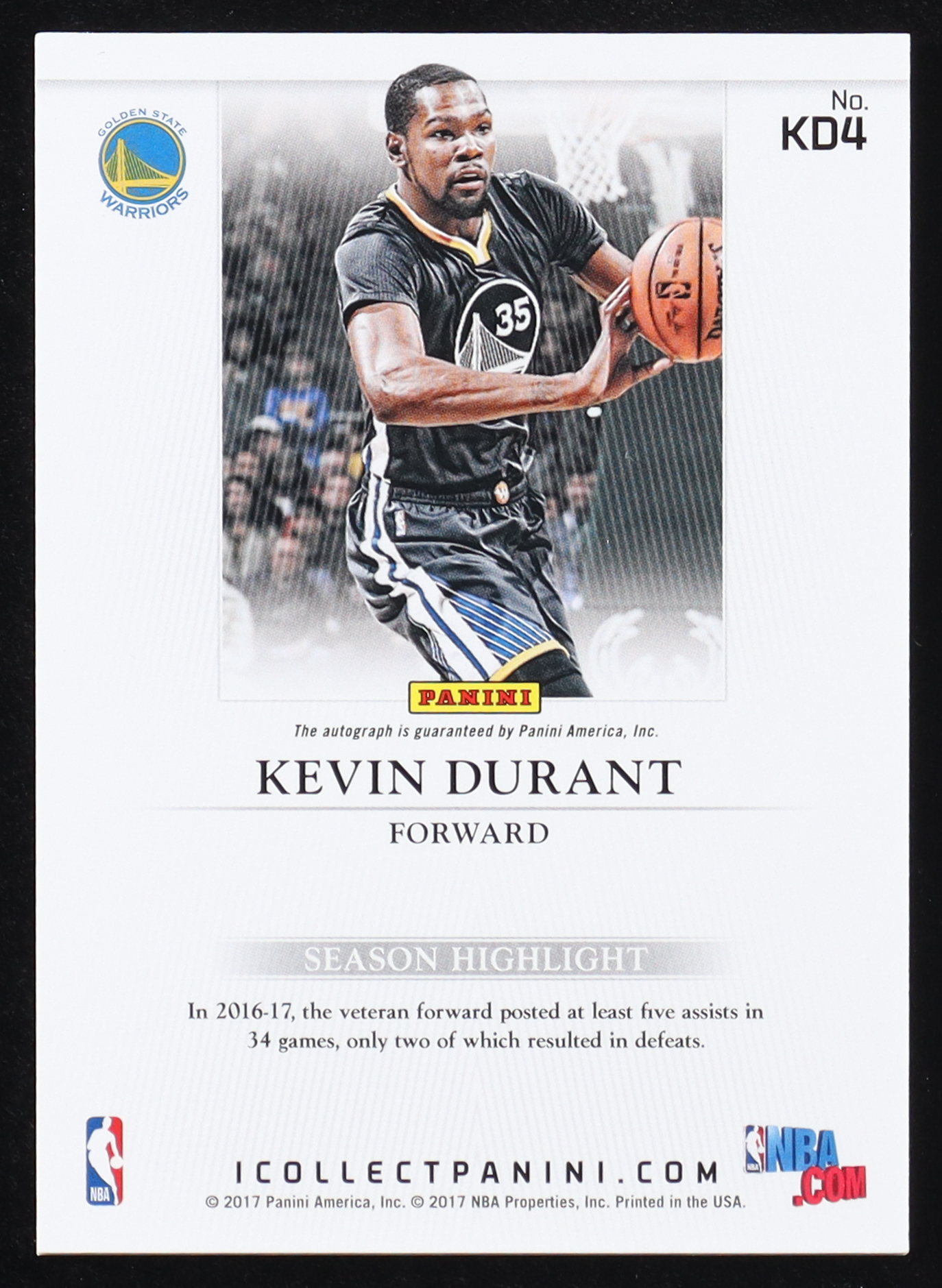 Kevin Durant 2017-18 Panini Private Signings White Sparkle #KD4 Autograph #1/1 at PristineAuction.com Kevin Durant 2017-18 Panini Private Signings White Sparkle #KD4 Autograph #1/1 at PristineAuction.com