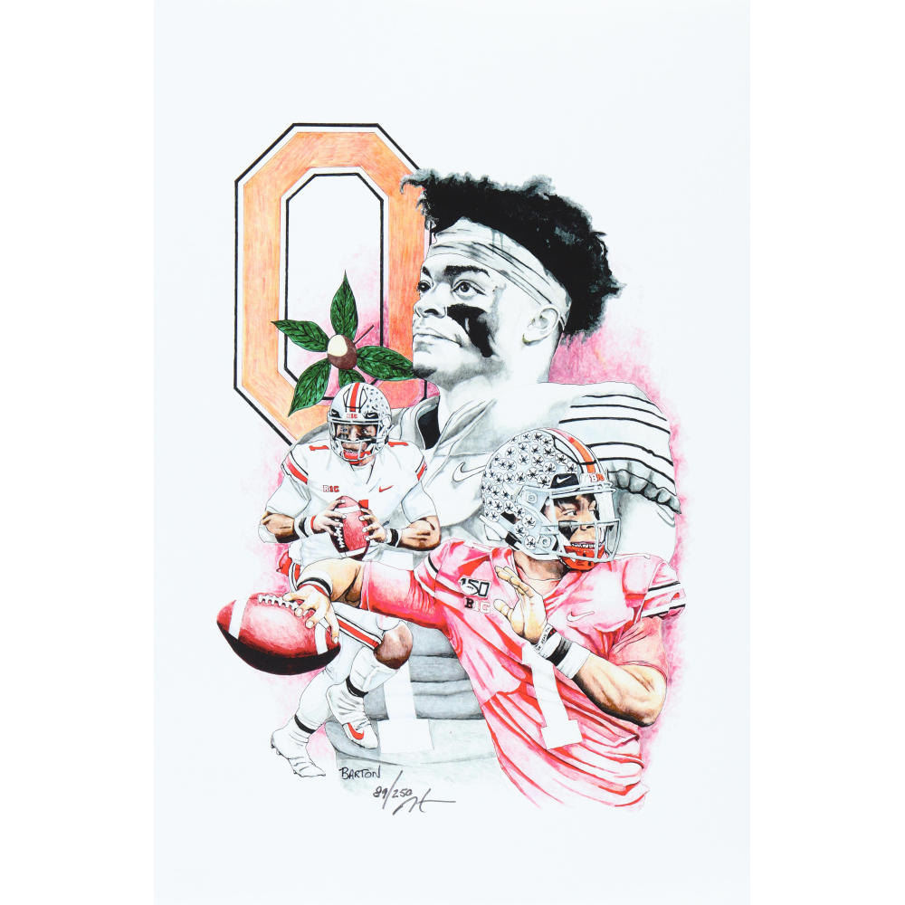 "Justin Fields" Ohio State Buckeyes LE 12x18 Lithograph By Brian Barton #/250 (PA) at PristineAuction.com