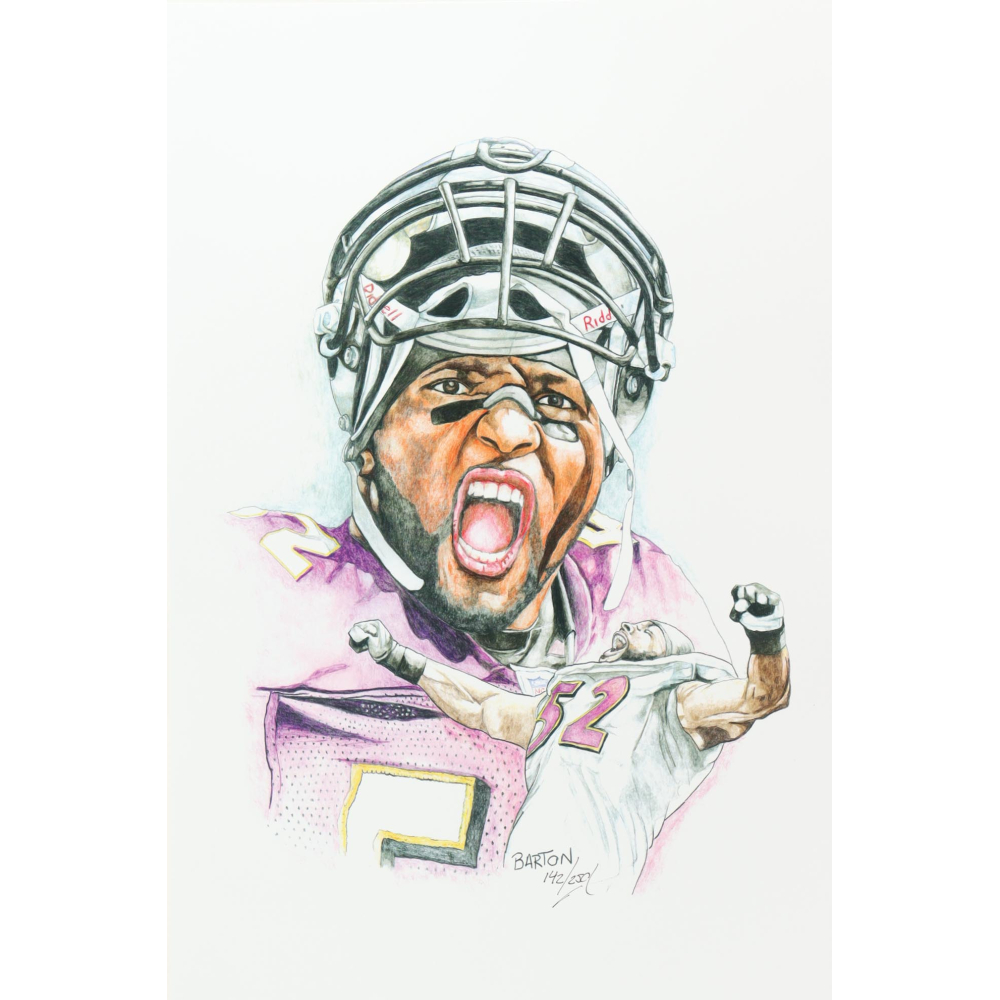 "Ray Lewis" Ravens 12x18 LE Lithograph By Brian Barton #/250 (PA) at PristineAuction.com