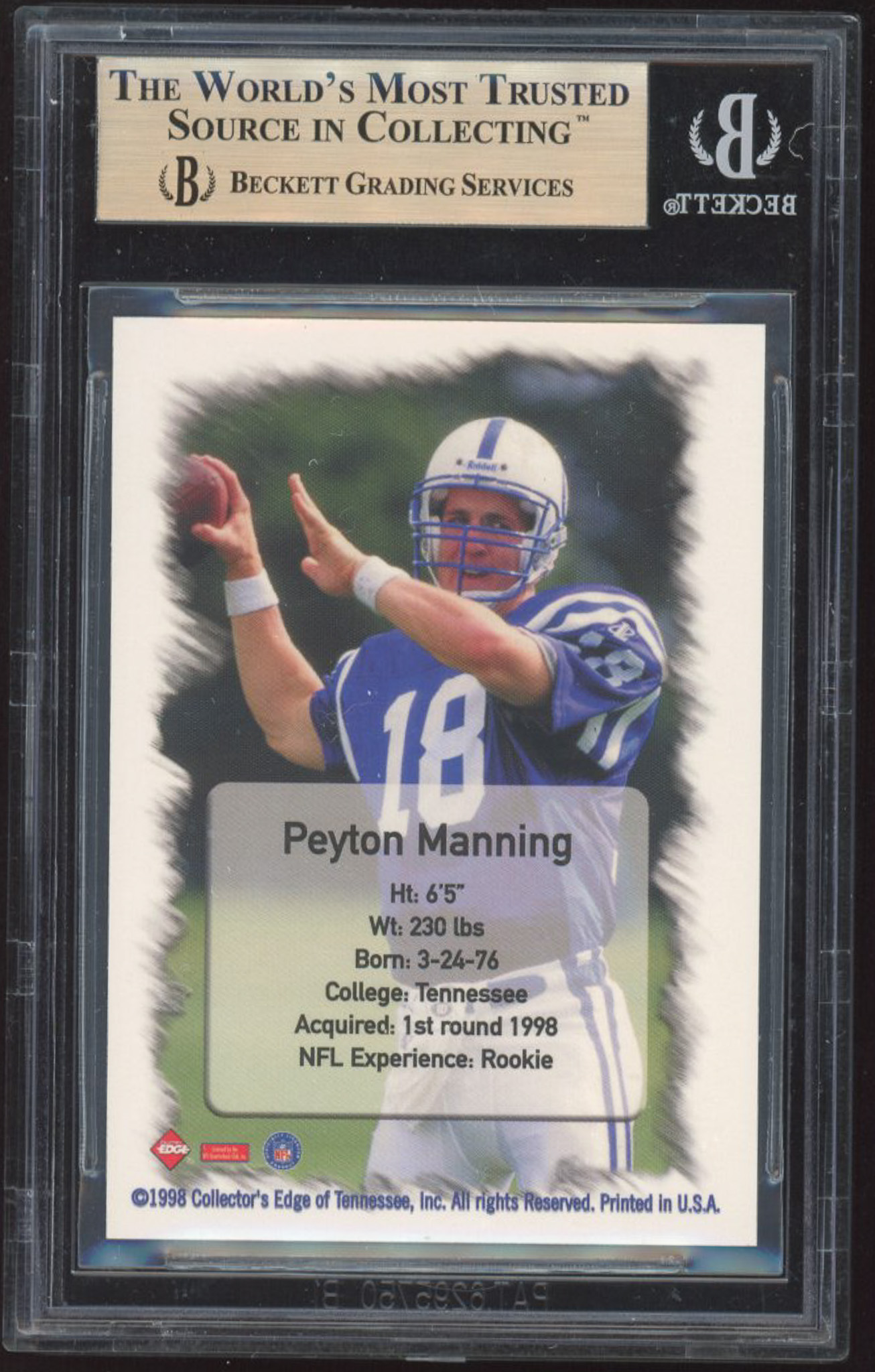 Peyton Manning 1998 Collector's Edge First Place Peyton Manning Gold #1 RC (BGS 9.5) at PristineAuction.com Peyton Manning 1998 Collector's Edge First Place Peyton Manning Gold #1 RC (BGS 9.5) at PristineAuction.com