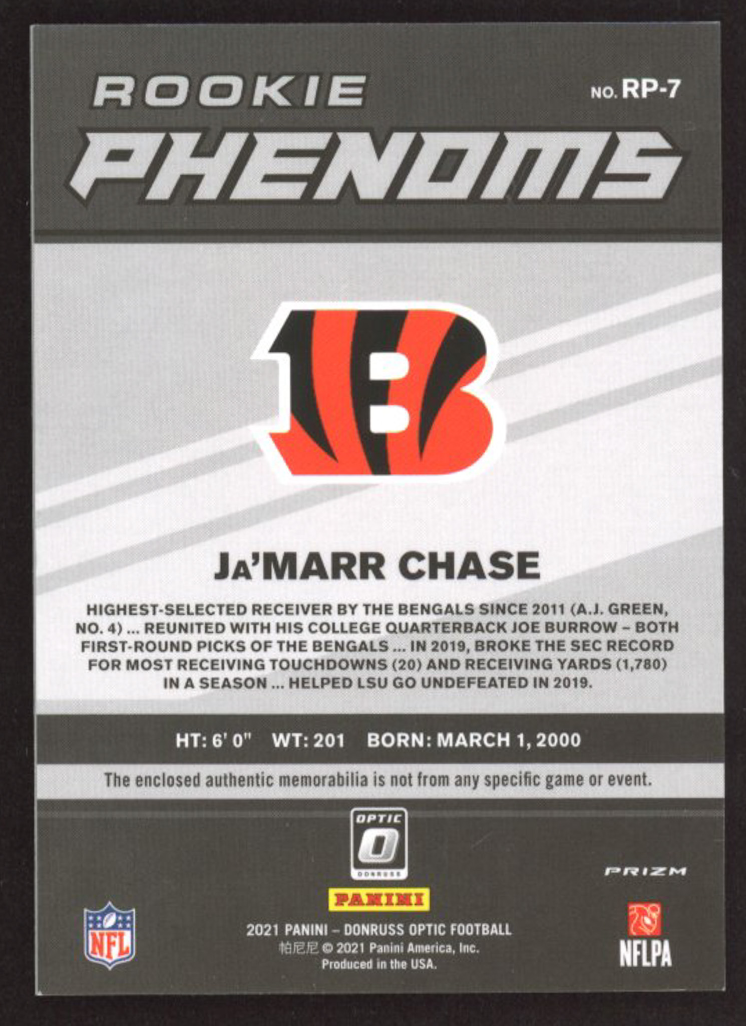 Ja'Marr Chase 2021 Donruss Optic Rookie Phenoms Jerseys Blue Hyper #7 RC at PristineAuction.com Ja'Marr Chase 2021 Donruss Optic Rookie Phenoms Jerseys Blue Hyper #7 RC at PristineAuction.com
