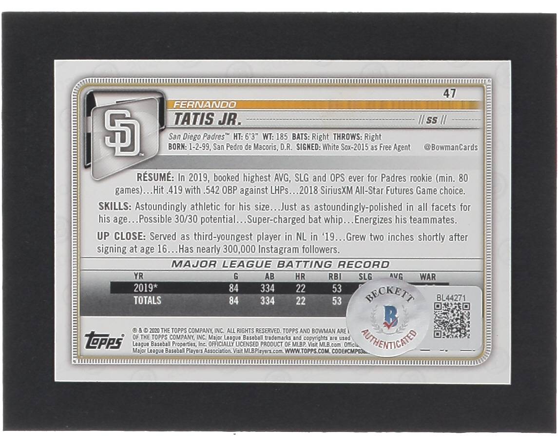 Fernando Tatis Jr. Signed 2020 Bowman #47 (Beckett) at PristineAuction.com Fernando Tatis Jr. Signed 2020 Bowman #47 (Beckett) at PristineAuction.com