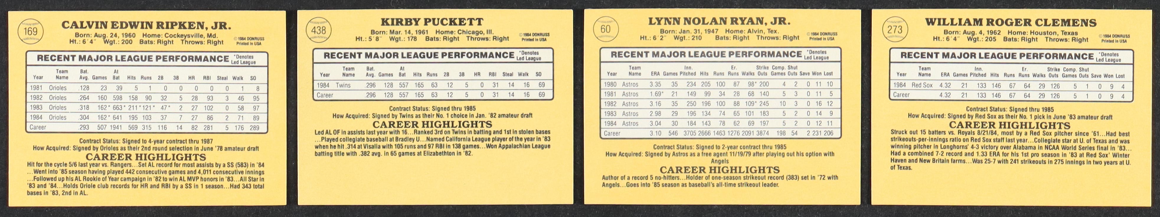 1985 Donruss Baseball Complete Set of (660) Cards with Roger Clemens #273 RC, Kirby Puckett #438 RC, Cal Ripken #169, Nolan Ryan #60 at PristineAuction.com 1985 Donruss Baseball Complete Set of (660) Cards with Roger Clemens #273 RC, Kirby Puckett #438 RC, Cal Ripken #169, Nolan Ryan #60 at PristineAuction.com