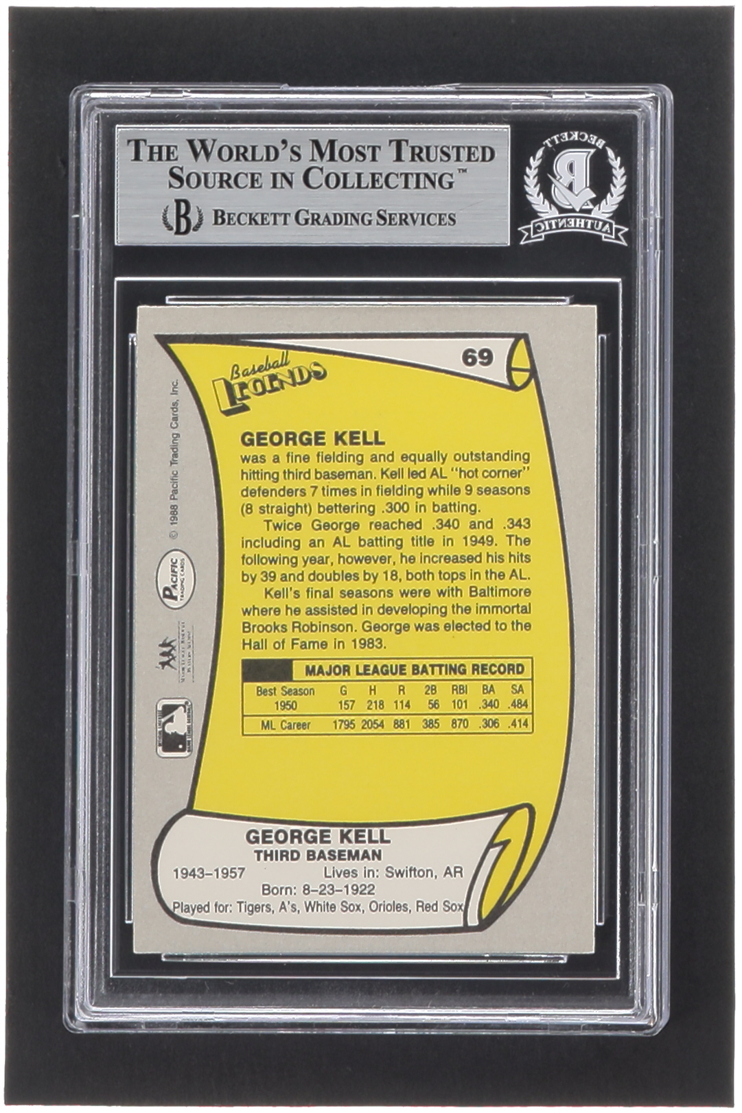 George Kell Signed 1988 Pacific Legends I #69 (BGS) at PristineAuction.com George Kell Signed 1988 Pacific Legends I #69 (BGS) at PristineAuction.com