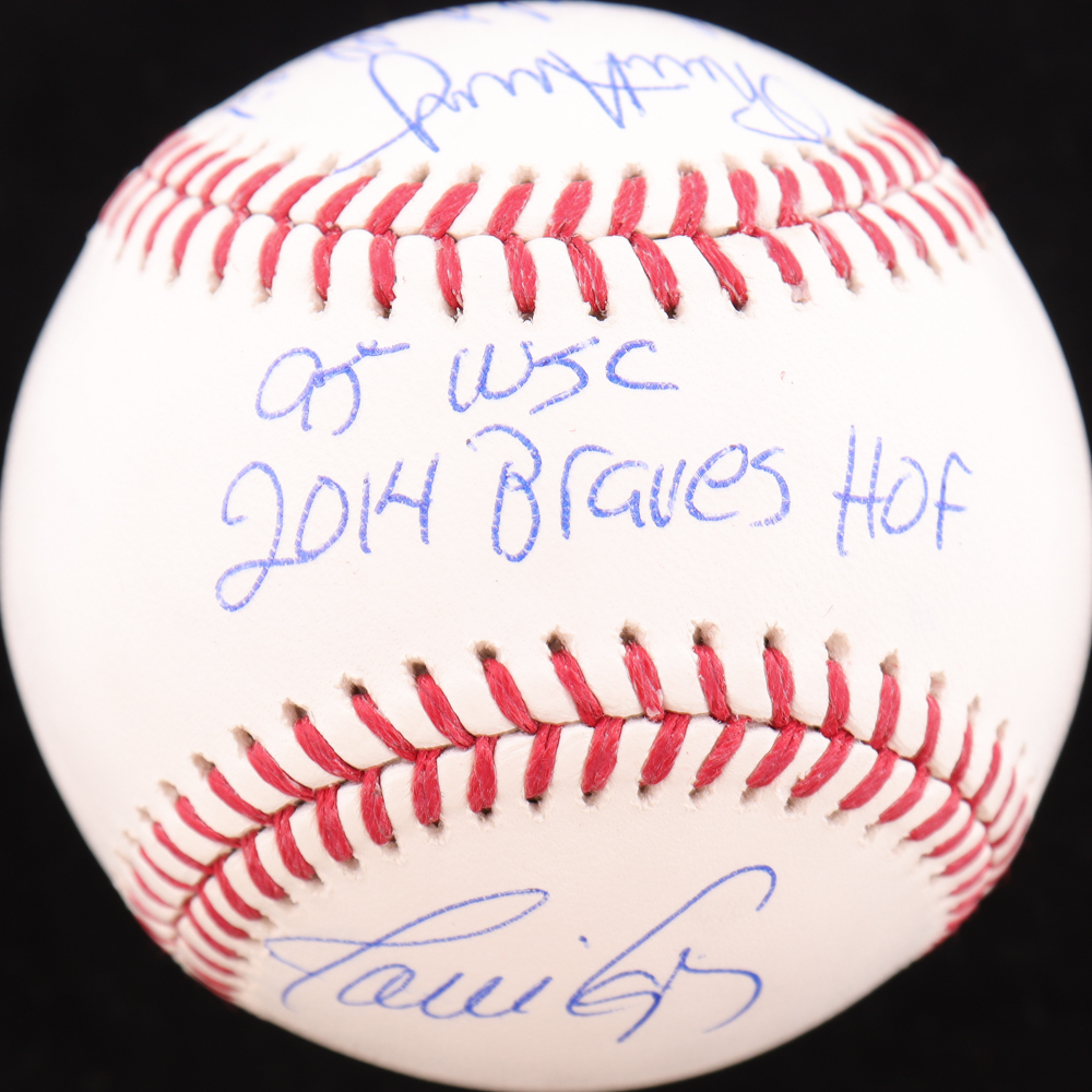 1990s Braves OML Baseball Signed By (5) With Javy Lopez, Rafael Belliard, Dave Justice, Mark Wohlers With Multiple Inscriptions (Beckett) at PristineAuction.com 1990s Braves OML Baseball Signed By (5) With Javy Lopez, Rafael Belliard, Dave Justice, Mark Wohlers With Multiple Inscriptions (Beckett) at PristineAuction.com