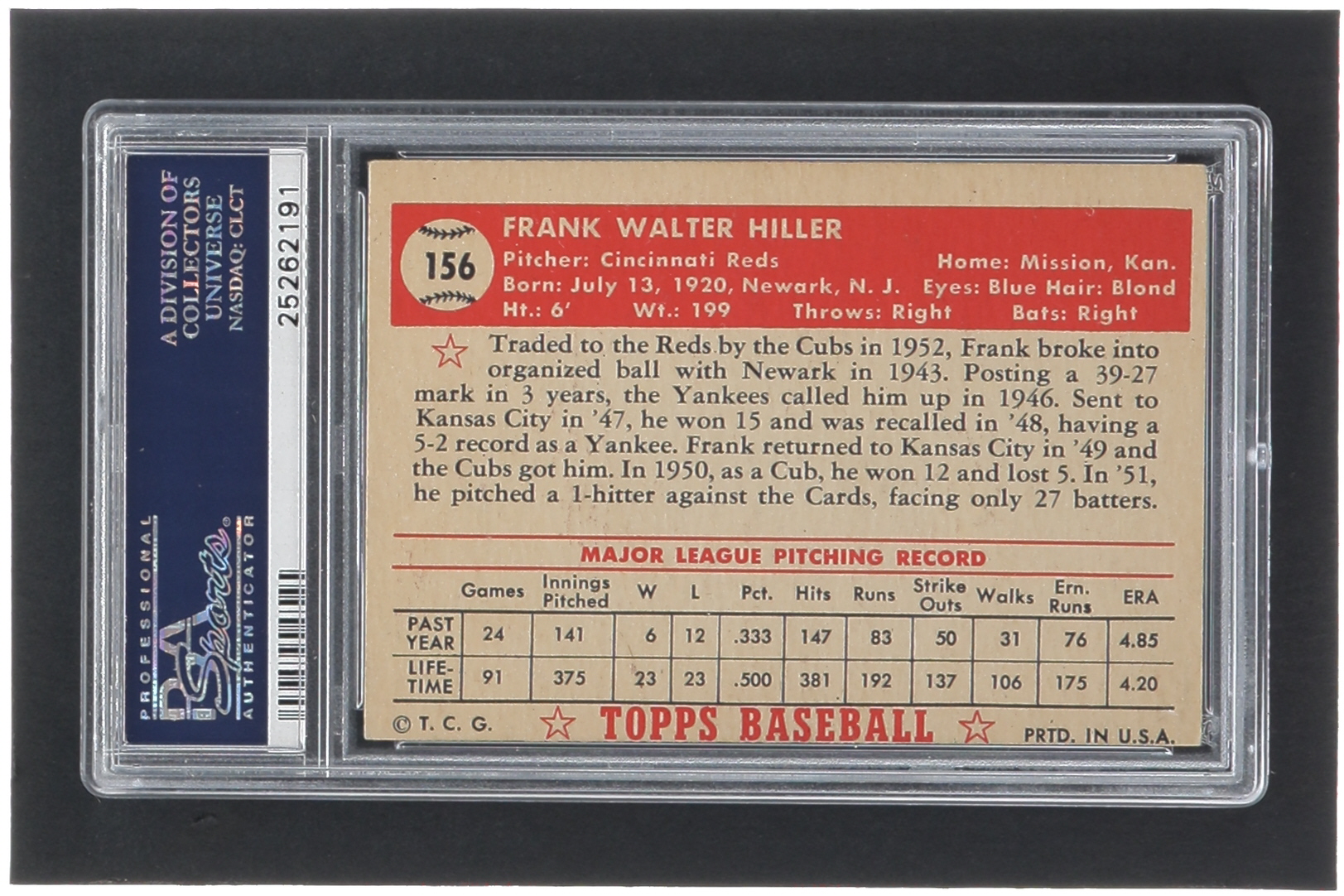 Frank Hiller 1952 Topps #156 RC (PSA 5) (MC) at PristineAuction.com Frank Hiller 1952 Topps #156 RC (PSA 5) (MC) at PristineAuction.com
