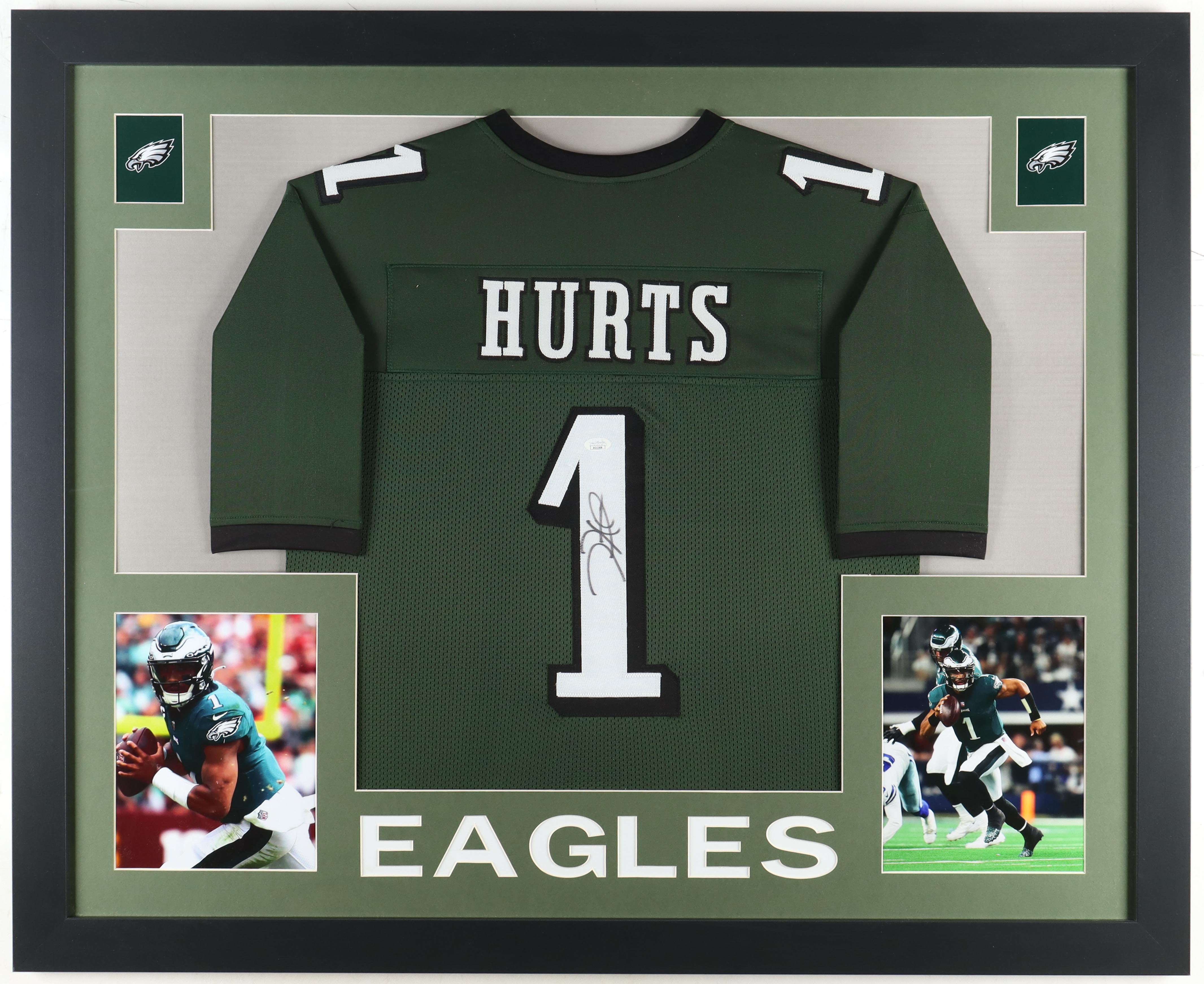 Jalen Hurts Signed Custom Framed Jersey Display (JSA) at PristineAuction.com Jalen Hurts Signed Custom Framed Jersey Display (JSA) at PristineAuction.com