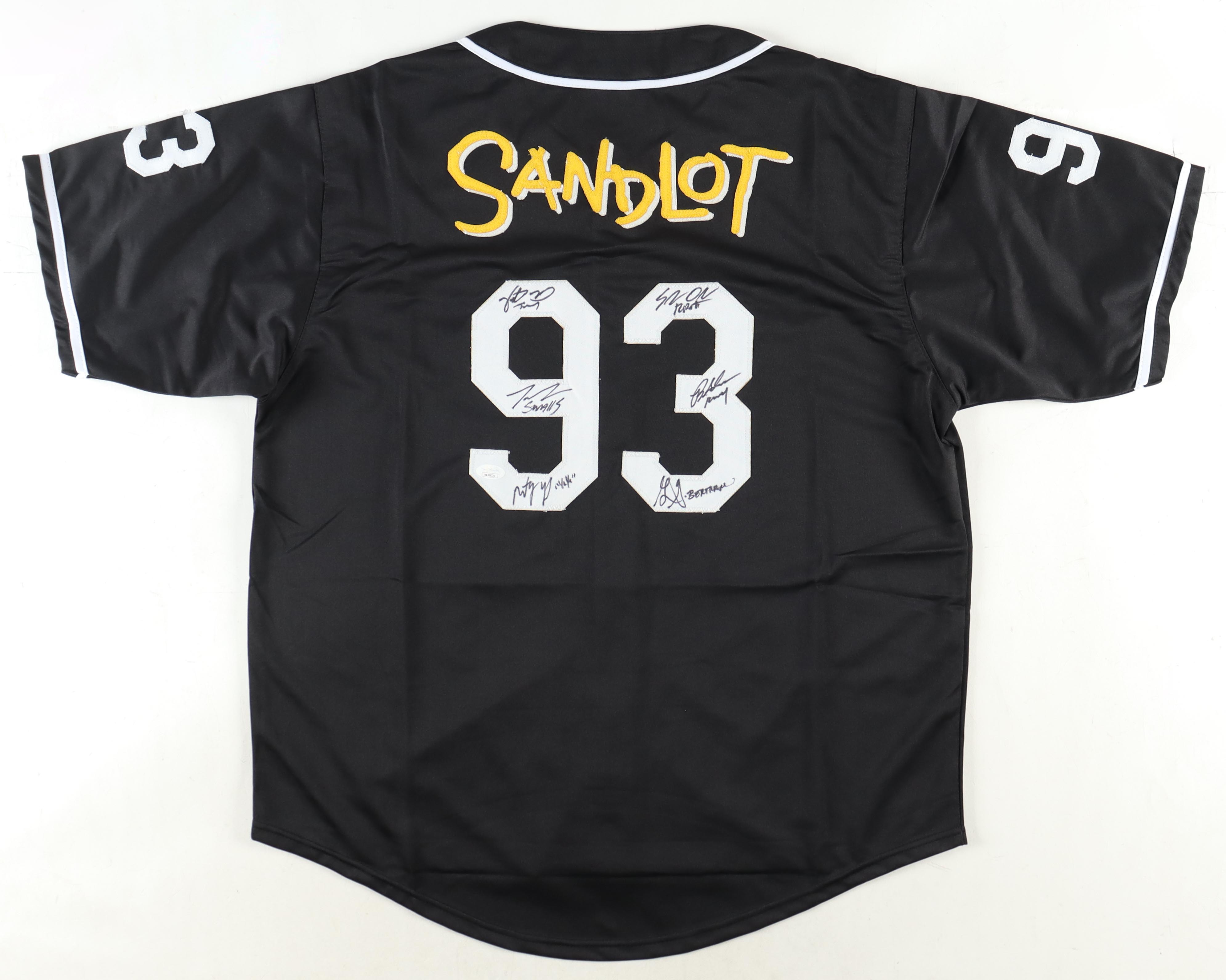 "The Sandlot" Baseball Jersey Cast-Signed by (6) with Tom Guiry, Marty York, Shane Obedzinski, Victor DiMattia, Brandon Adams With Character Name Inscriptions (JSA) at PristineAuction.com "The Sandlot" Baseball Jersey Cast-Signed by (6) with Tom Guiry, Marty York, Shane Obedzinski, Victor DiMattia, Brandon Adams With Character Name Inscriptions (JSA) at PristineAuction.com