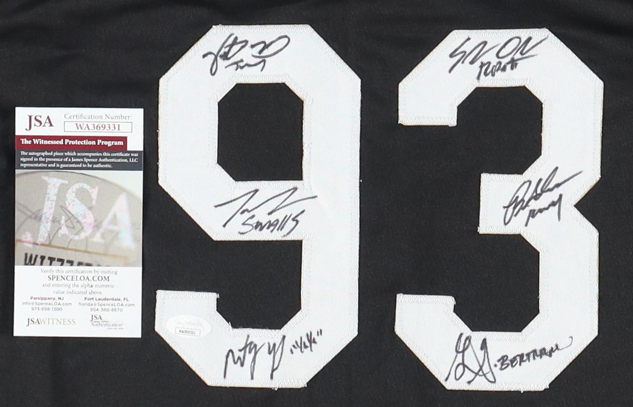 "The Sandlot" Baseball Jersey Cast-Signed by (6) with Tom Guiry, Marty York, Shane Obedzinski, Victor DiMattia, Brandon Adams With Character Name Inscriptions (JSA) at PristineAuction.com "The Sandlot" Baseball Jersey Cast-Signed by (6) with Tom Guiry, Marty York, Shane Obedzinski, Victor DiMattia, Brandon Adams With Character Name Inscriptions (JSA) at PristineAuction.com