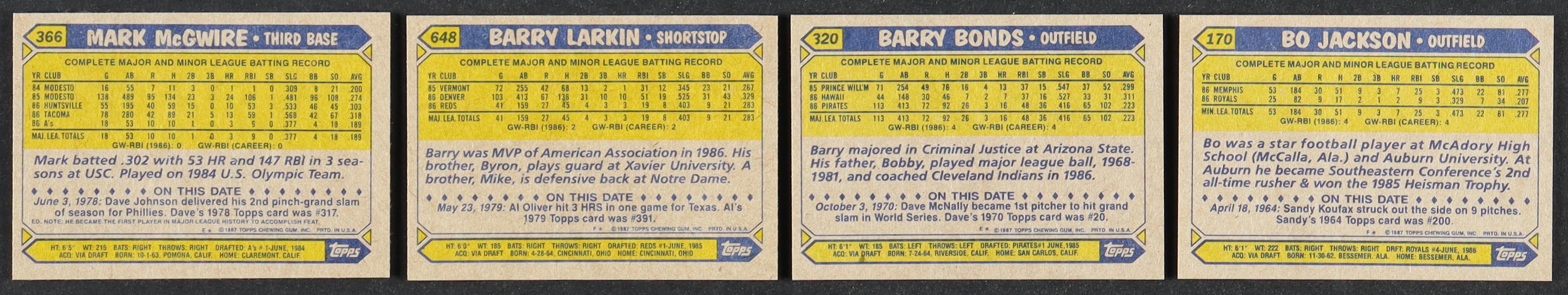 1987 Topps Baseball Complete Set of (792) Cards with Bo Jackson #170 RC, Barry Bonds #320 RC, Mark McGwire #366 RC, Barry Larkin #648 RC at PristineAuction.com 1987 Topps Baseball Complete Set of (792) Cards with Bo Jackson #170 RC, Barry Bonds #320 RC, Mark McGwire #366 RC, Barry Larkin #648 RC at PristineAuction.com