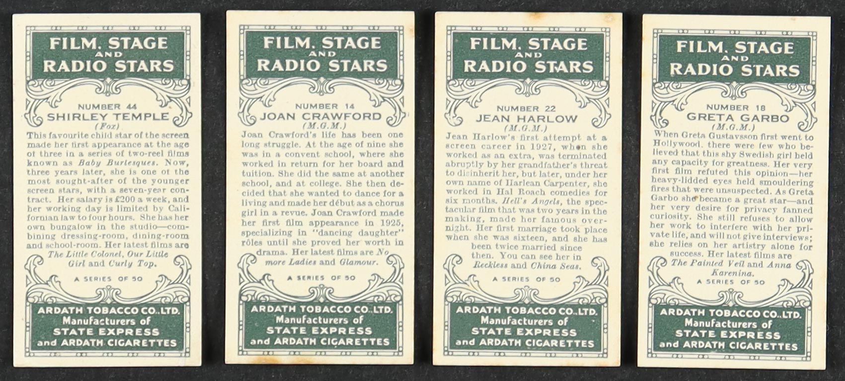 1936 Ardath Film, Stage and Radio Stars Complete Set of (50) Cigarette Cards with Greta Garbo #18, Shirley Temple #44, Jean Harlow #22, Joan Crawford #14 at PristineAuction.com 1936 Ardath Film, Stage and Radio Stars Complete Set of (50) Cigarette Cards with Greta Garbo #18, Shirley Temple #44, Jean Harlow #22, Joan Crawford #14 at PristineAuction.com