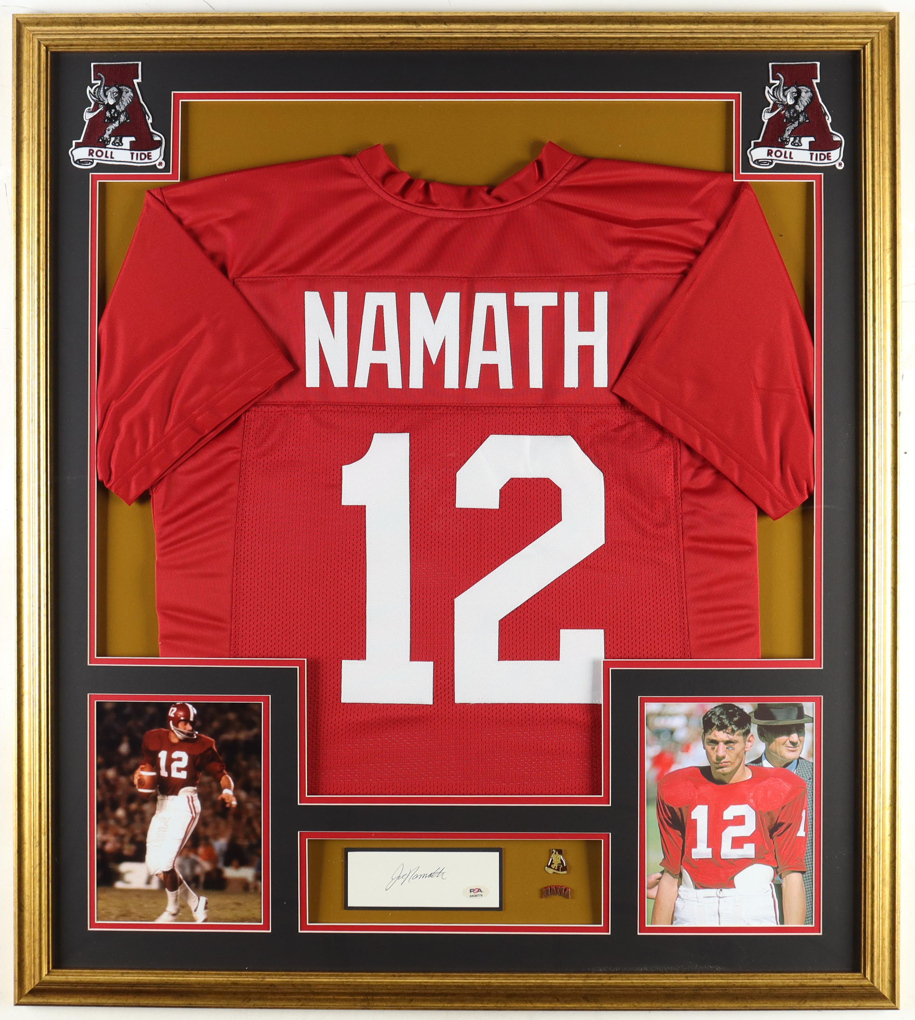 Joe Namath Signed Alabama Crimson Tide Custom Framed Cut Display with Jersey & (2) Vintage Alabama Football Pins (2) Cloth Logo Patches (PSA) at PristineAuction.com Joe Namath Signed Alabama Crimson Tide Custom Framed Cut Display with Jersey & (2) Vintage Alabama Football Pins (2) Cloth Logo Patches (PSA) at PristineAuction.com