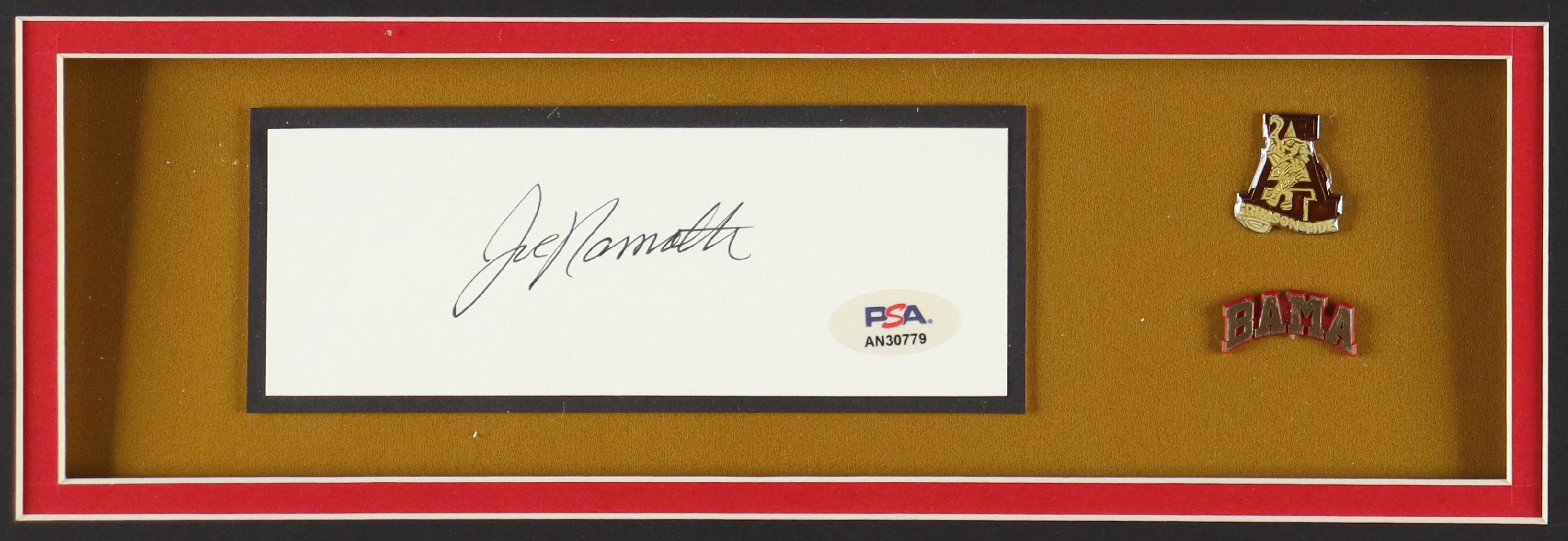 Joe Namath Signed Alabama Crimson Tide Custom Framed Cut Display with Jersey & (2) Vintage Alabama Football Pins (2) Cloth Logo Patches (PSA) at PristineAuction.com Joe Namath Signed Alabama Crimson Tide Custom Framed Cut Display with Jersey & (2) Vintage Alabama Football Pins (2) Cloth Logo Patches (PSA) at PristineAuction.com