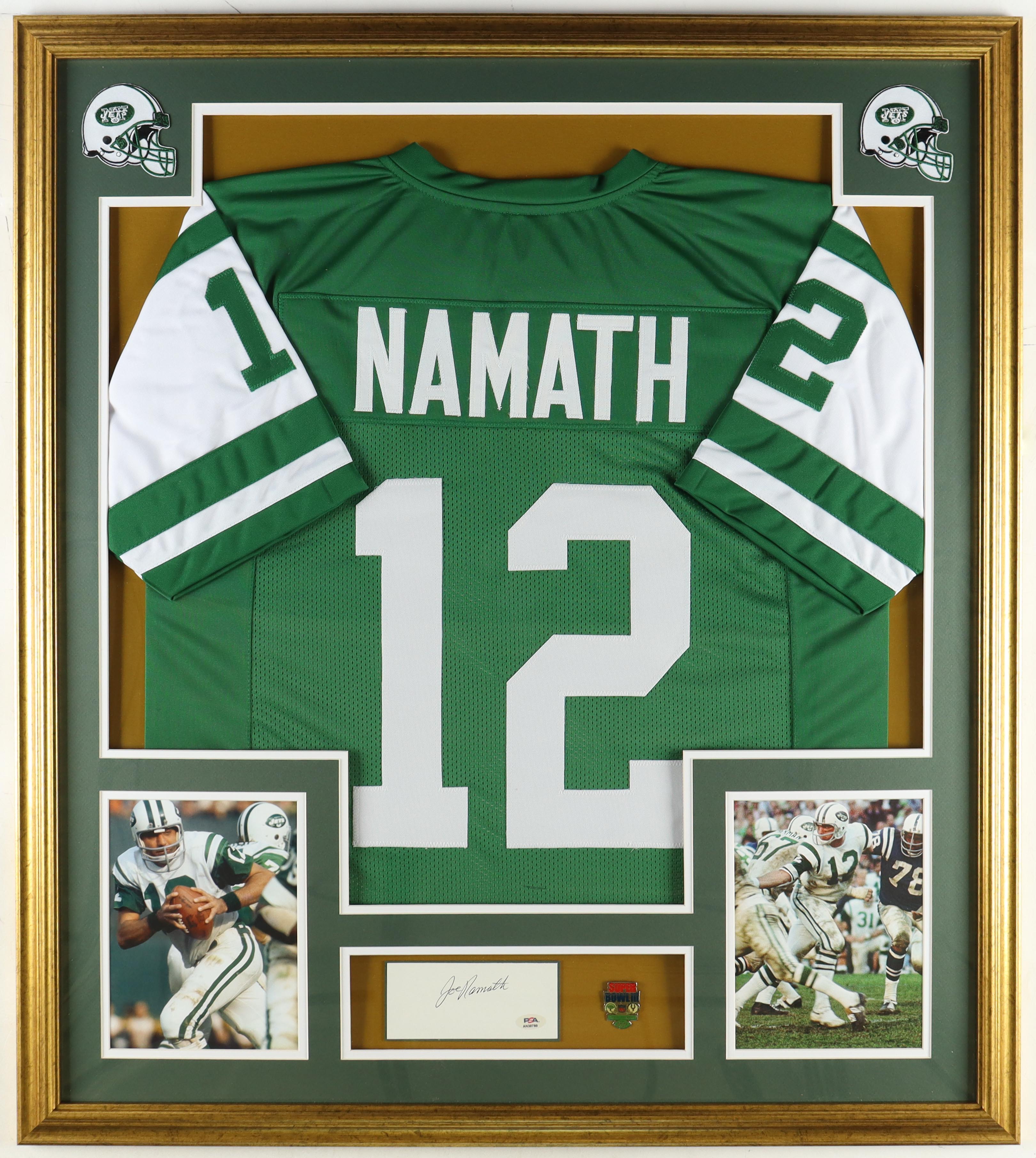Joe Namath Signed Custom Framed Cut Display With Jersey & Official Super Bowl III Vintage Pin (PSA) at PristineAuction.com Joe Namath Signed Custom Framed Cut Display With Jersey & Official Super Bowl III Vintage Pin (PSA) at PristineAuction.com