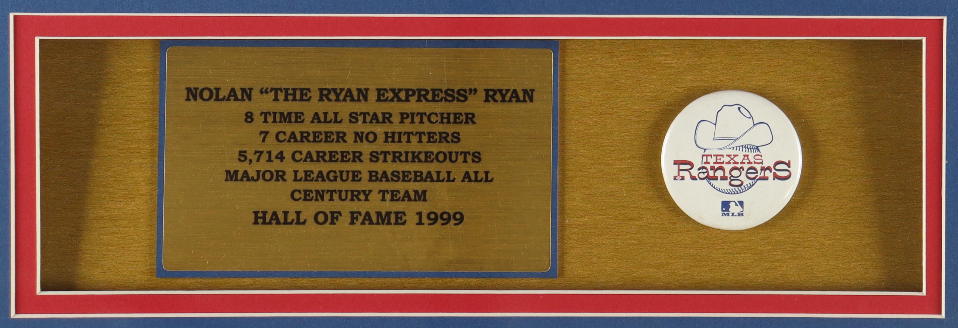 Nolan Ryan Signed Custom Framed Jersey Display Inscribed "324 Wins, 5714 K's & 7 No-Hitters" With Vintage Rangers Metal Pin (PSA) at PristineAuction.com Nolan Ryan Signed Custom Framed Jersey Display Inscribed "324 Wins, 5714 K's & 7 No-Hitters" With Vintage Rangers Metal Pin (PSA) at PristineAuction.com