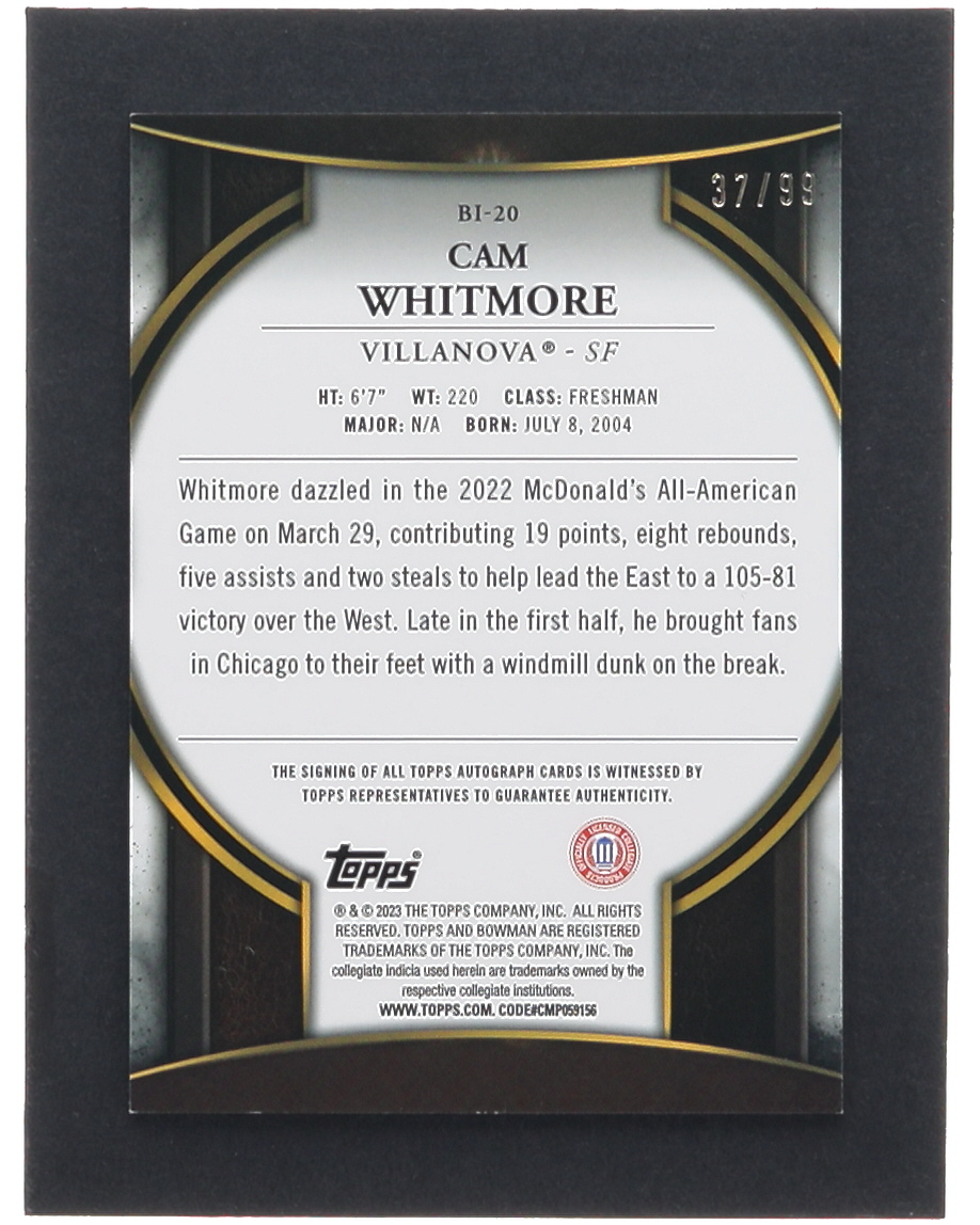Cam Whitmore 2022-23 Bowman Chrome University Bowman Invicta Autographs #BI20 #37/99 at PristineAuction.com Cam Whitmore 2022-23 Bowman Chrome University Bowman Invicta Autographs #BI20 #37/99 at PristineAuction.com