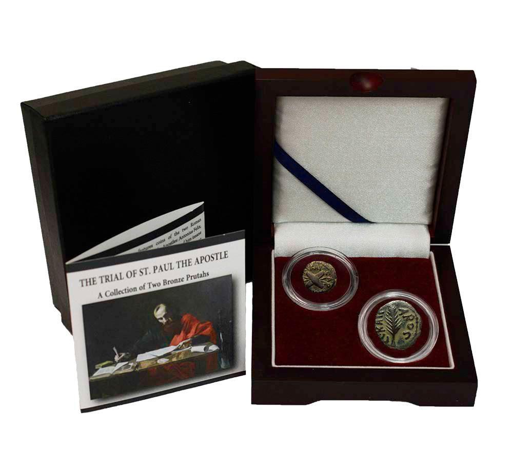 Set of (2) Trials of St. Paul Ancient Bronze Coins with Display Box at PristineAuction.com Set of (2) Trials of St. Paul Ancient Bronze Coins with Display Box at PristineAuction.com