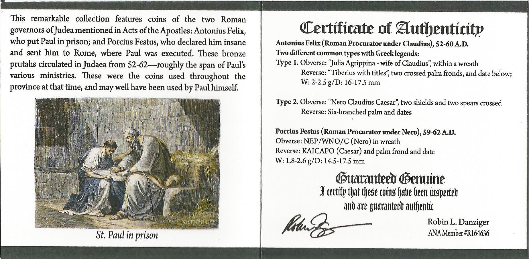 Set of (2) Trials of St. Paul Ancient Bronze Coins with Display Box at PristineAuction.com Set of (2) Trials of St. Paul Ancient Bronze Coins with Display Box at PristineAuction.com