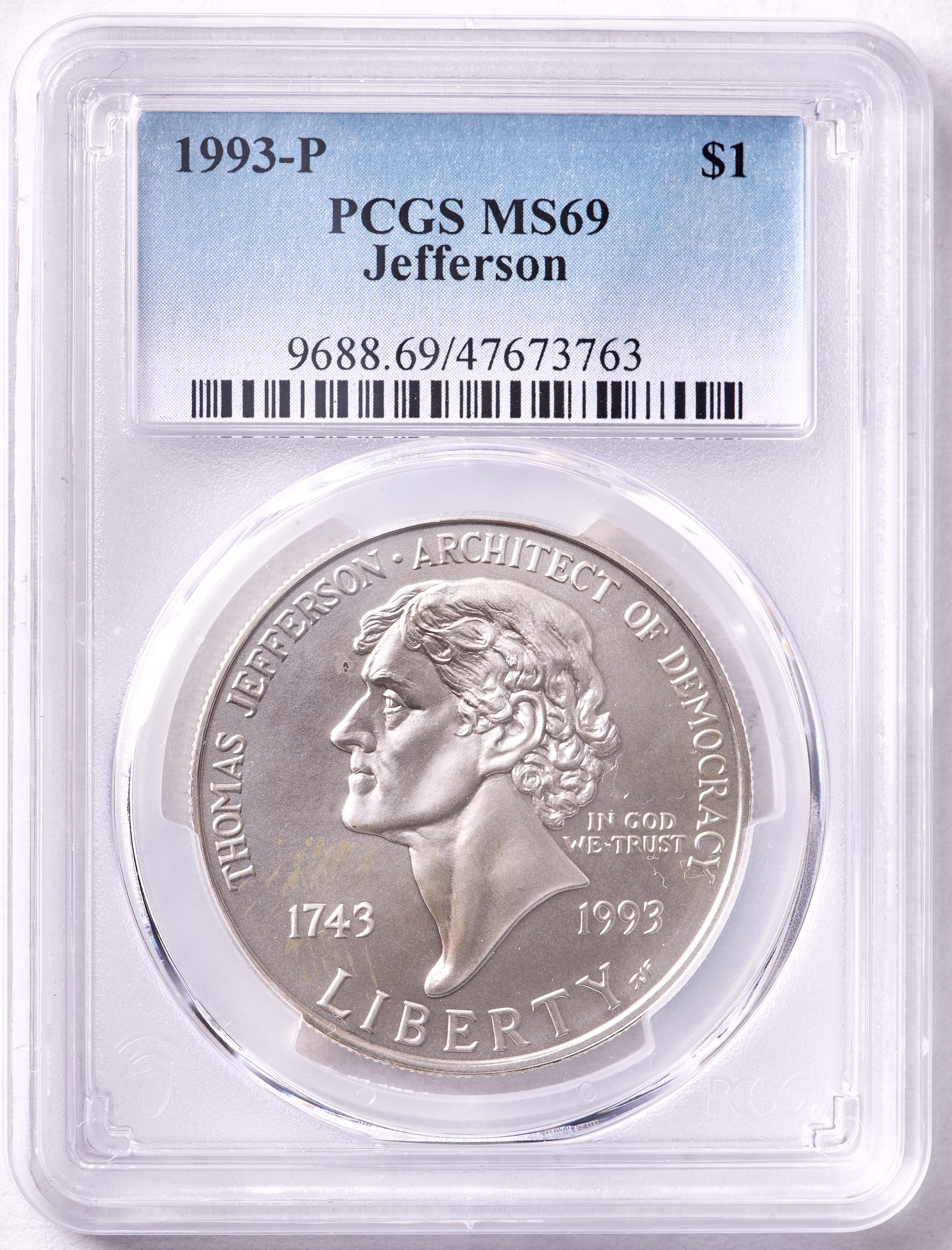 1993-P Thomas Jefferson Silver Dollar (PCGS MS69) at PristineAuction.com 1993-P Thomas Jefferson Silver Dollar (PCGS MS69) at PristineAuction.com