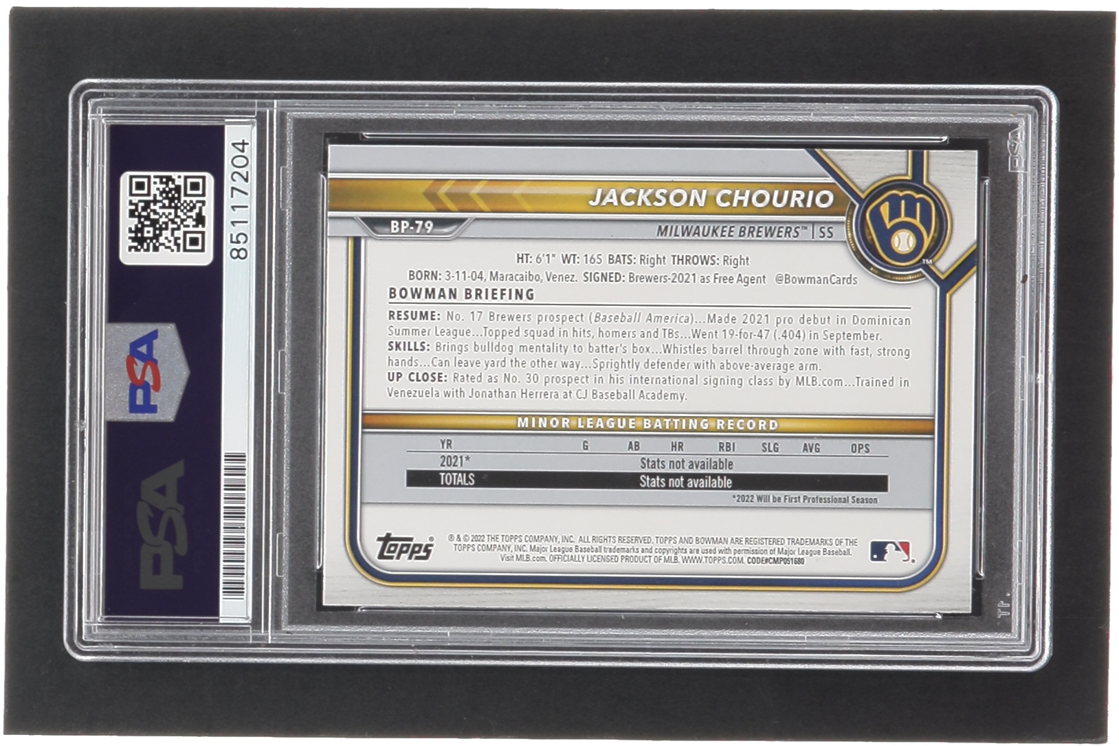 Jackson Chourio Signed 2022 Bowman Prospects #BP79 (PSA) at PristineAuction.com Jackson Chourio Signed 2022 Bowman Prospects #BP79 (PSA) at PristineAuction.com