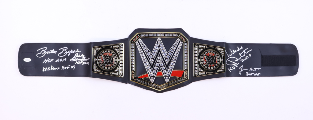 WWE Replica Heavyweight Championship Belt Signed By (5) with Ricky Steamboat, Wendi Richter, Jimmy Hart, Brutus Beefcake, and KoKo B. Ware with Hall of Fame Inscriptions (JSA) at PristineAuction.com WWE Replica Heavyweight Championship Belt Signed By (5) with Ricky Steamboat, Wendi Richter, Jimmy Hart, Brutus Beefcake, and KoKo B. Ware with Hall of Fame Inscriptions (JSA) at PristineAuction.com