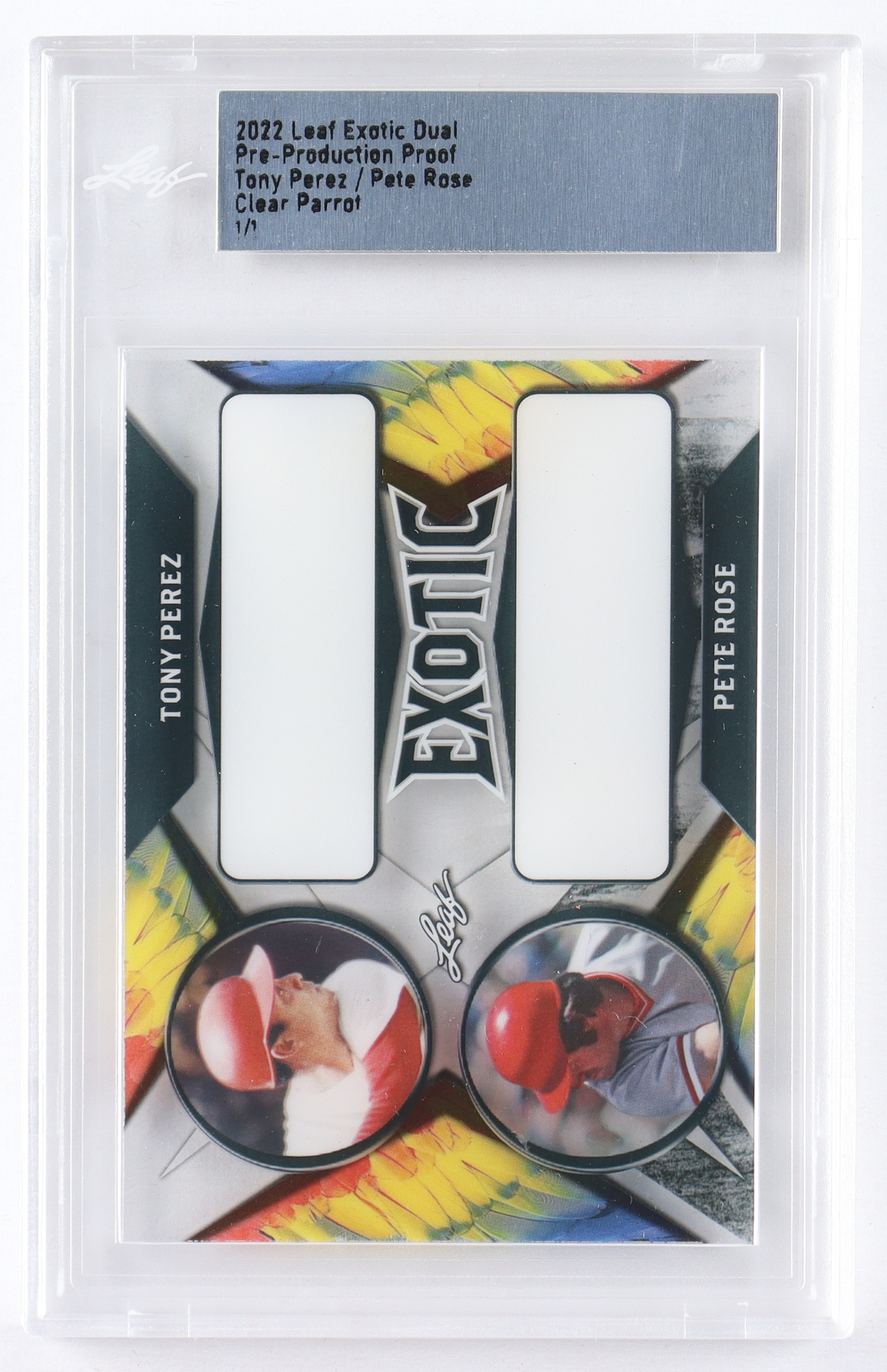 Tony Perez / Pete Rose 2022 Leaf Exotic Dual Pre-Production Proof Clear Parrot #1/1 (Leaf) at PristineAuction.com Tony Perez / Pete Rose 2022 Leaf Exotic Dual Pre-Production Proof Clear Parrot #1/1 (Leaf) at PristineAuction.com