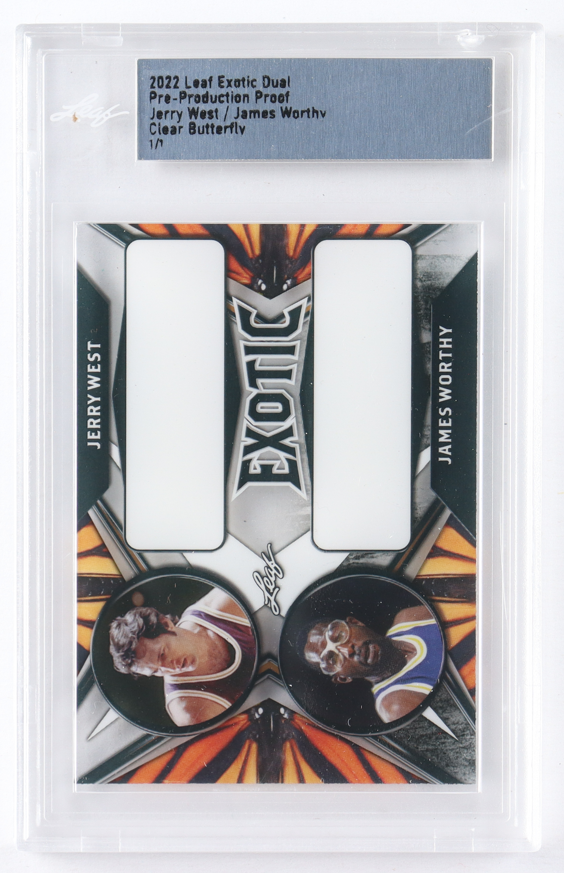 Jerry West / James Worthy 2022 Leaf Exotic Dual Pre-Production Proof Clear Butterfly #1/1 (Leaf) at PristineAuction.com Jerry West / James Worthy 2022 Leaf Exotic Dual Pre-Production Proof Clear Butterfly #1/1 (Leaf) at PristineAuction.com