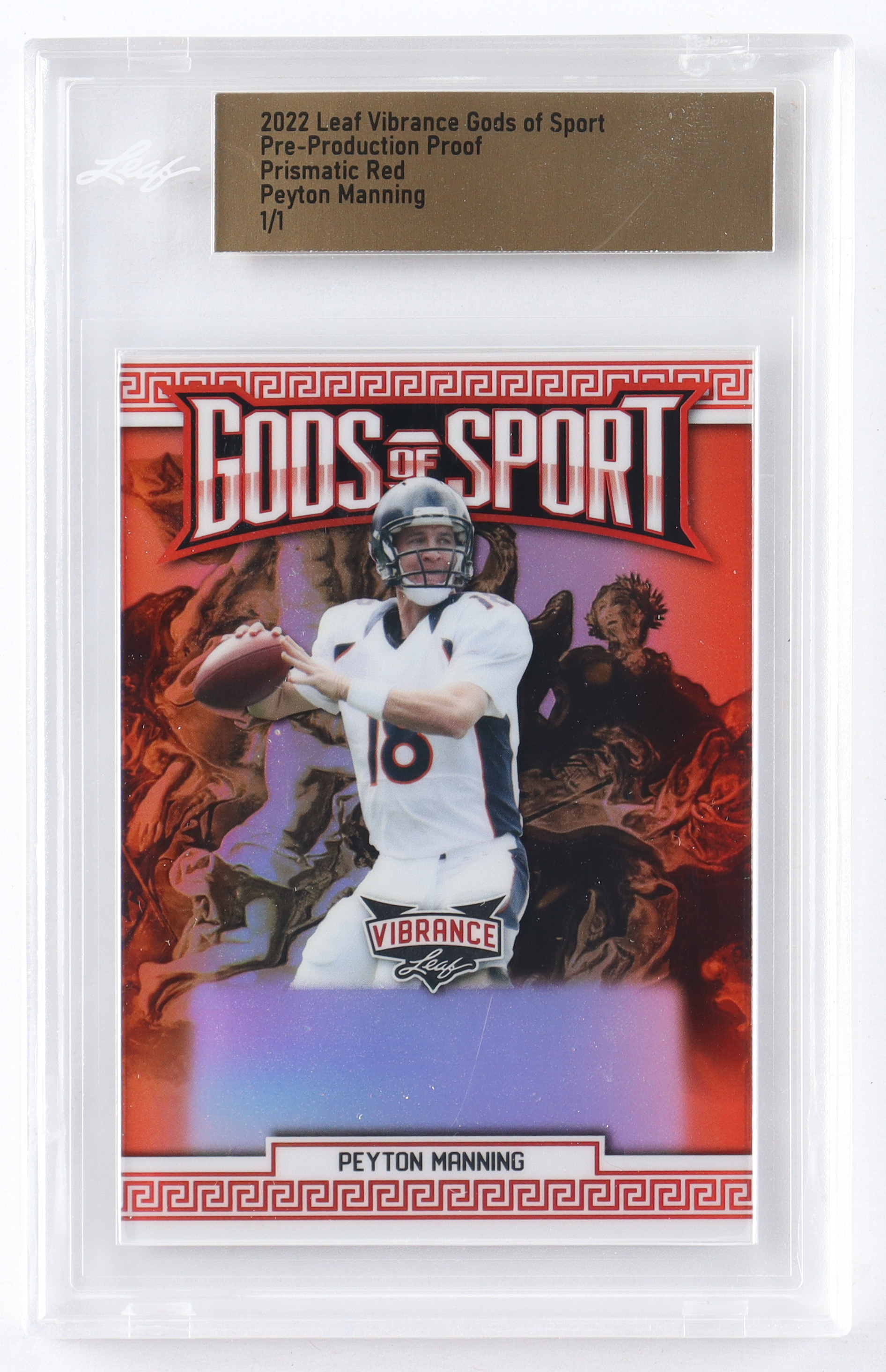 Peyton Manning 2022 Leaf Vibrance Gods of Sport Pre-Production Proof Prismatic Red #1/1 (Leaf) at PristineAuction.com Peyton Manning 2022 Leaf Vibrance Gods of Sport Pre-Production Proof Prismatic Red #1/1 (Leaf) at PristineAuction.com