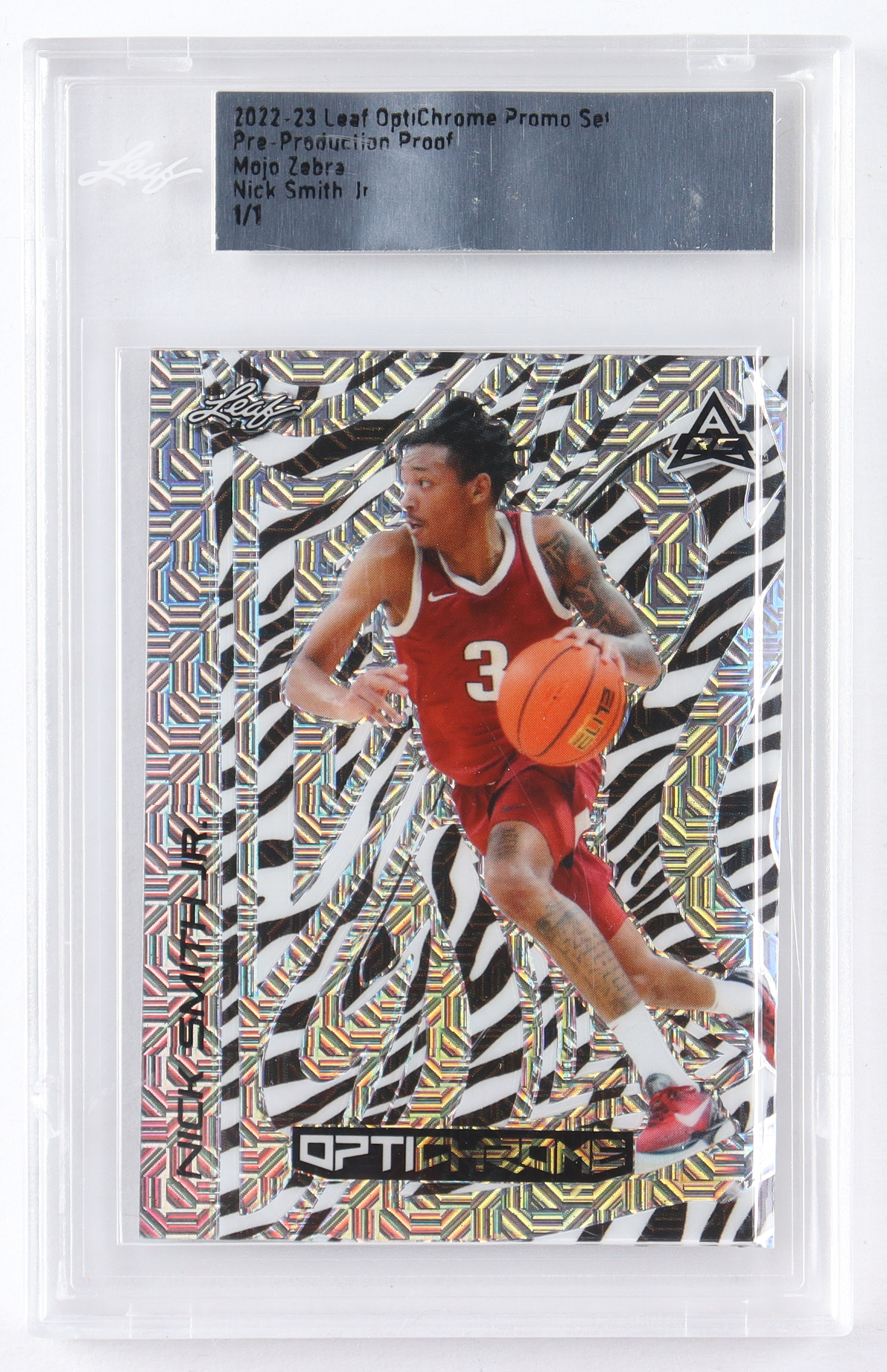 Nick Smith Jr. 2022 Leaf OptiChrome Promo Set Pre-Production Proof Mojo Zebra RC #1/1 (Leaf) at PristineAuction.com Nick Smith Jr. 2022 Leaf OptiChrome Promo Set Pre-Production Proof Mojo Zebra RC #1/1 (Leaf) at PristineAuction.com