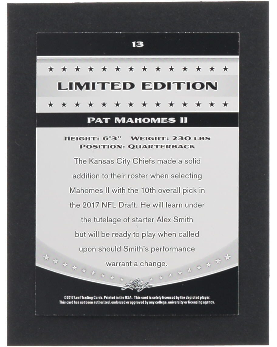 Pat Mahomes II 2017 Leaf Special Release Limited Edition #13 RC at PristineAuction.com Pat Mahomes II 2017 Leaf Special Release Limited Edition #13 RC at PristineAuction.com