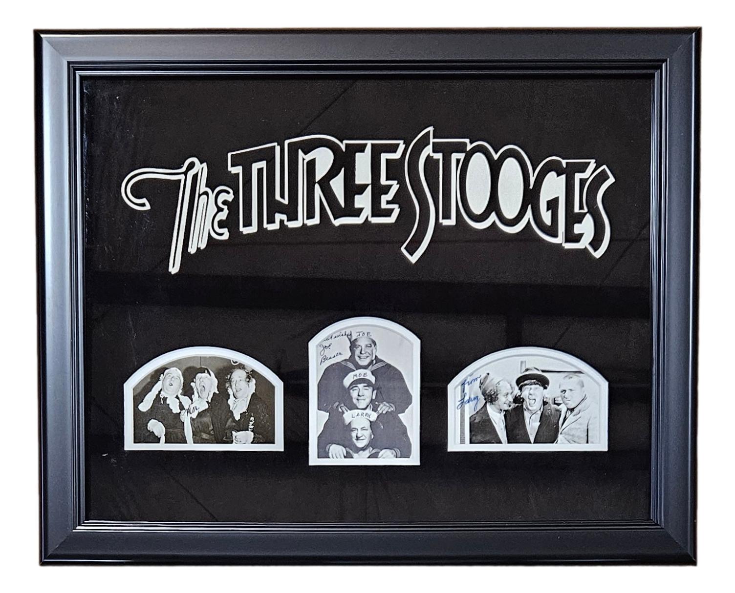 Moe Howard, Larry Fine, and Joe Besser Signed "The Three Stooges" Custom Framed Photo Collage (JSA) at PristineAuction.com Moe Howard, Larry Fine, and Joe Besser Signed "The Three Stooges" Custom Framed Photo Collage (JSA) at PristineAuction.com