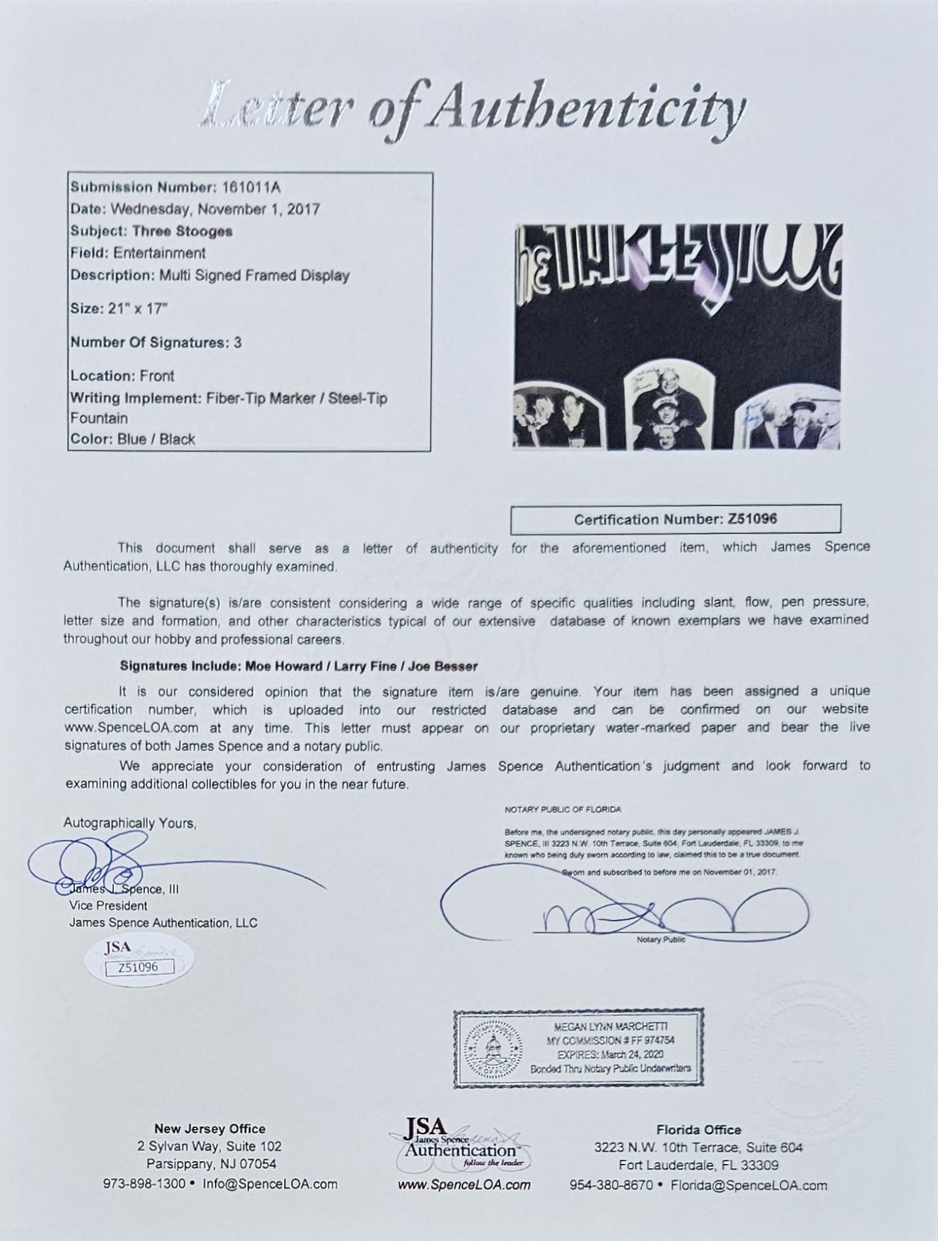 Moe Howard, Larry Fine, and Joe Besser Signed "The Three Stooges" Custom Framed Photo Collage (JSA) at PristineAuction.com Moe Howard, Larry Fine, and Joe Besser Signed "The Three Stooges" Custom Framed Photo Collage (JSA) at PristineAuction.com