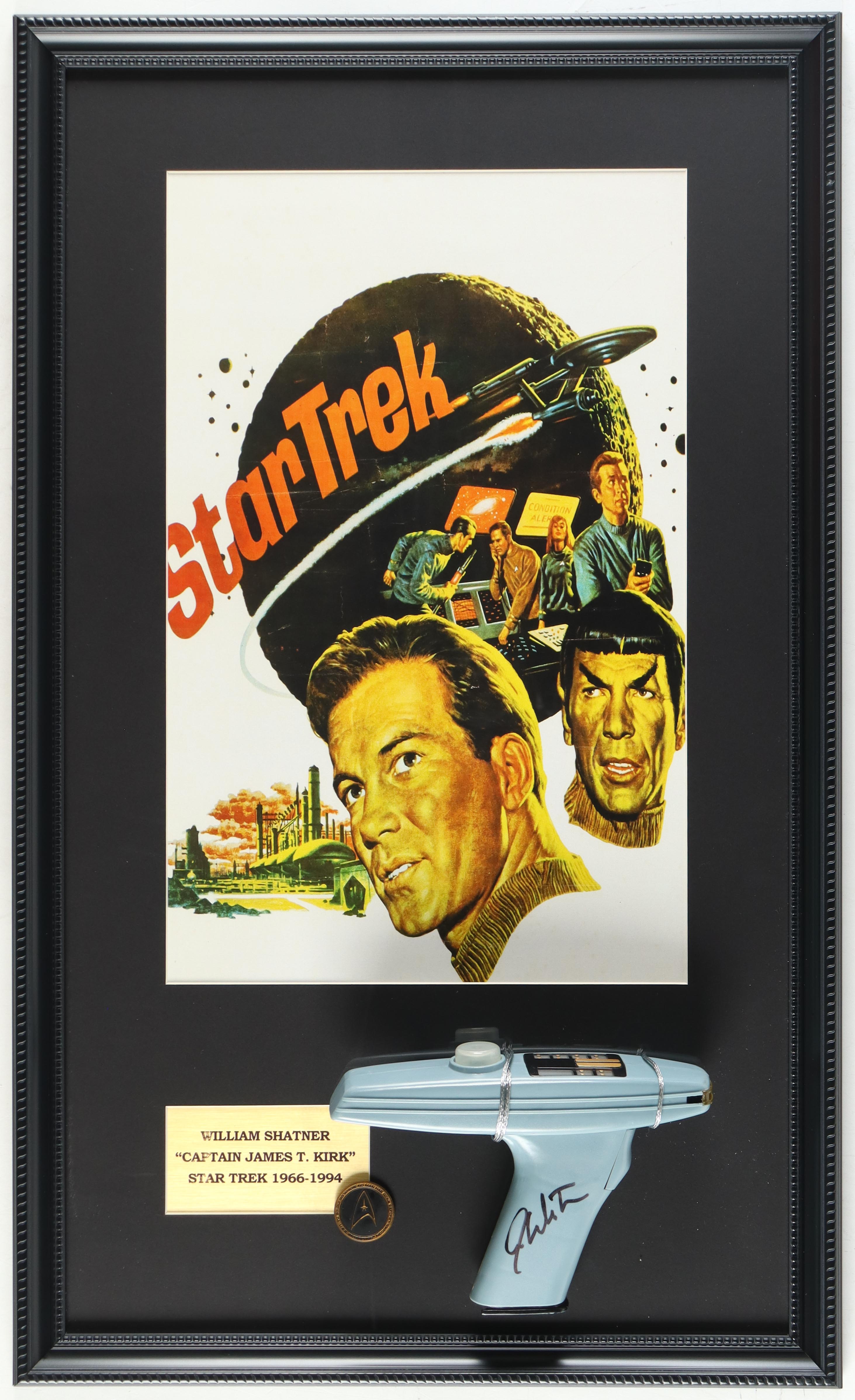 William Shatner Signed Custom Framed "Star Trek" Replica Phaser Display With Art Print & Vintage Gold Emblem (JSA) at PristineAuction.com William Shatner Signed Custom Framed "Star Trek" Replica Phaser Display With Art Print & Vintage Gold Emblem (JSA) at PristineAuction.com