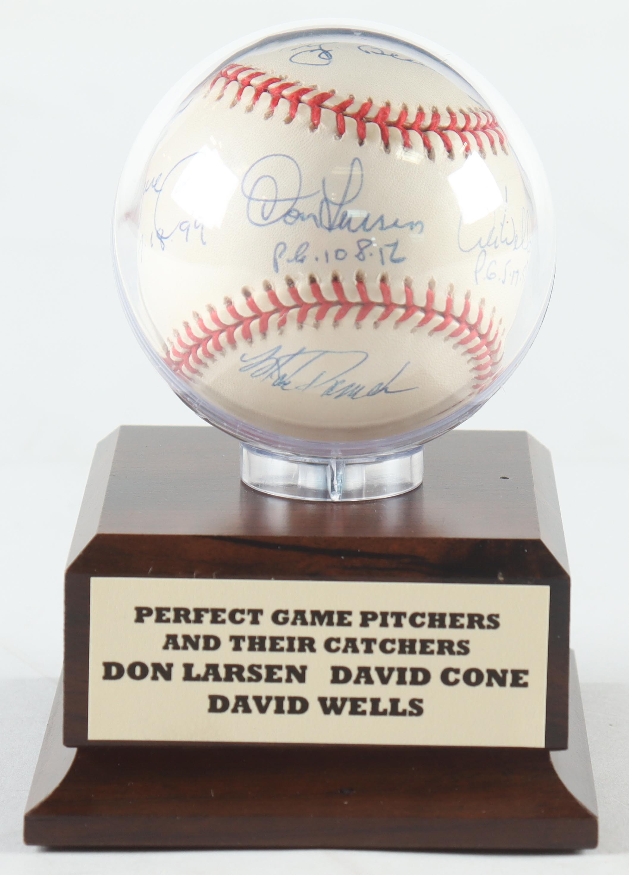 Perfect Game Pitchers & Catchers OAL Baseball Signed by (6) with Don Larsen, Yogi Berra, David Cone, Joe Girardi, Dave Wells with Perfect Game Stat Inscriptions (Stacks of Plaques) at PristineAuction.com Perfect Game Pitchers & Catchers OAL Baseball Signed by (6) with Don Larsen, Yogi Berra, David Cone, Joe Girardi, Dave Wells with Perfect Game Stat Inscriptions (Stacks of Plaques) at PristineAuction.com