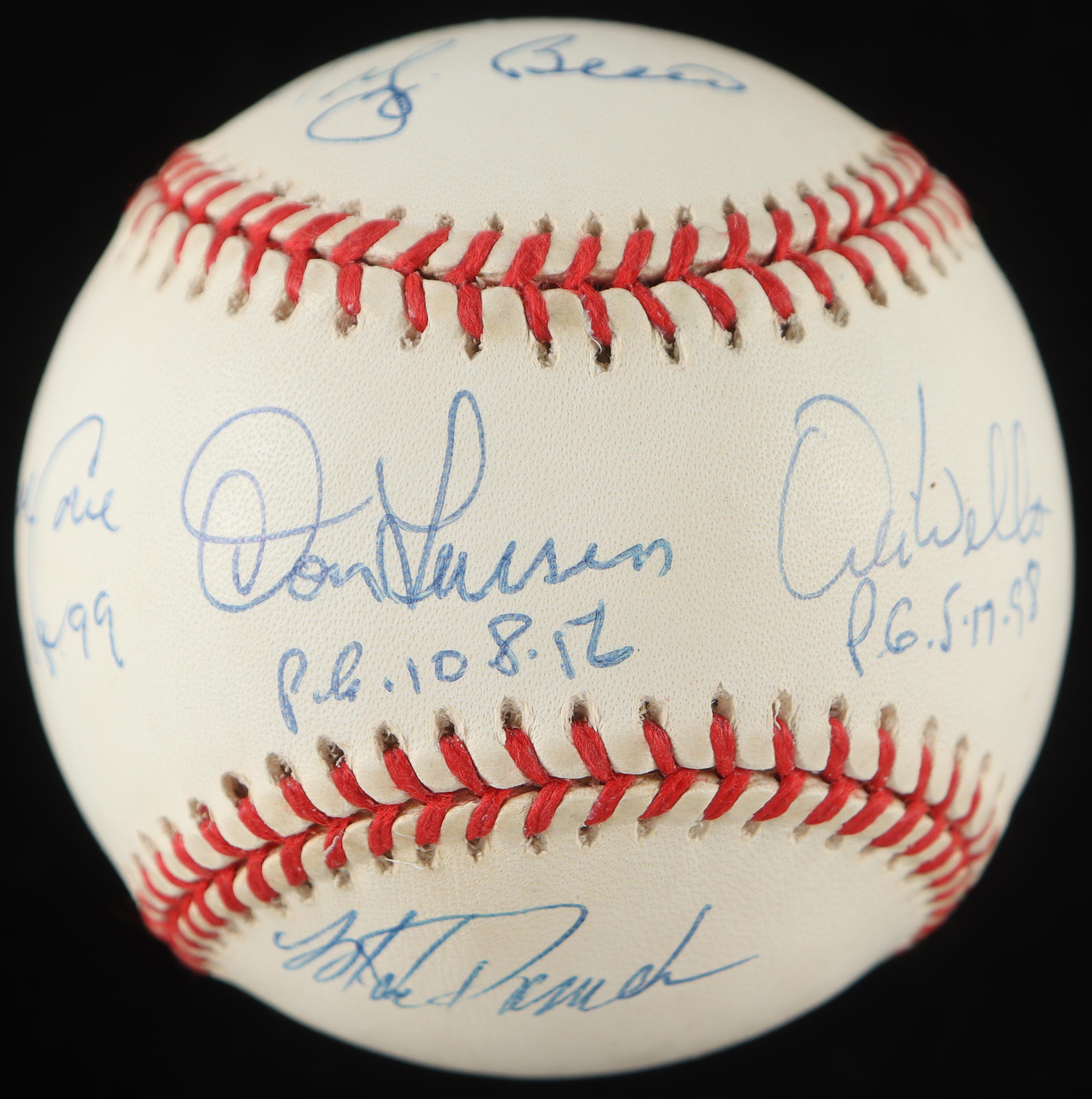 Perfect Game Pitchers & Catchers OAL Baseball Signed by (6) with Don Larsen, Yogi Berra, David Cone, Joe Girardi, Dave Wells with Perfect Game Stat Inscriptions (Stacks of Plaques) at PristineAuction.com Perfect Game Pitchers & Catchers OAL Baseball Signed by (6) with Don Larsen, Yogi Berra, David Cone, Joe Girardi, Dave Wells with Perfect Game Stat Inscriptions (Stacks of Plaques) at PristineAuction.com
