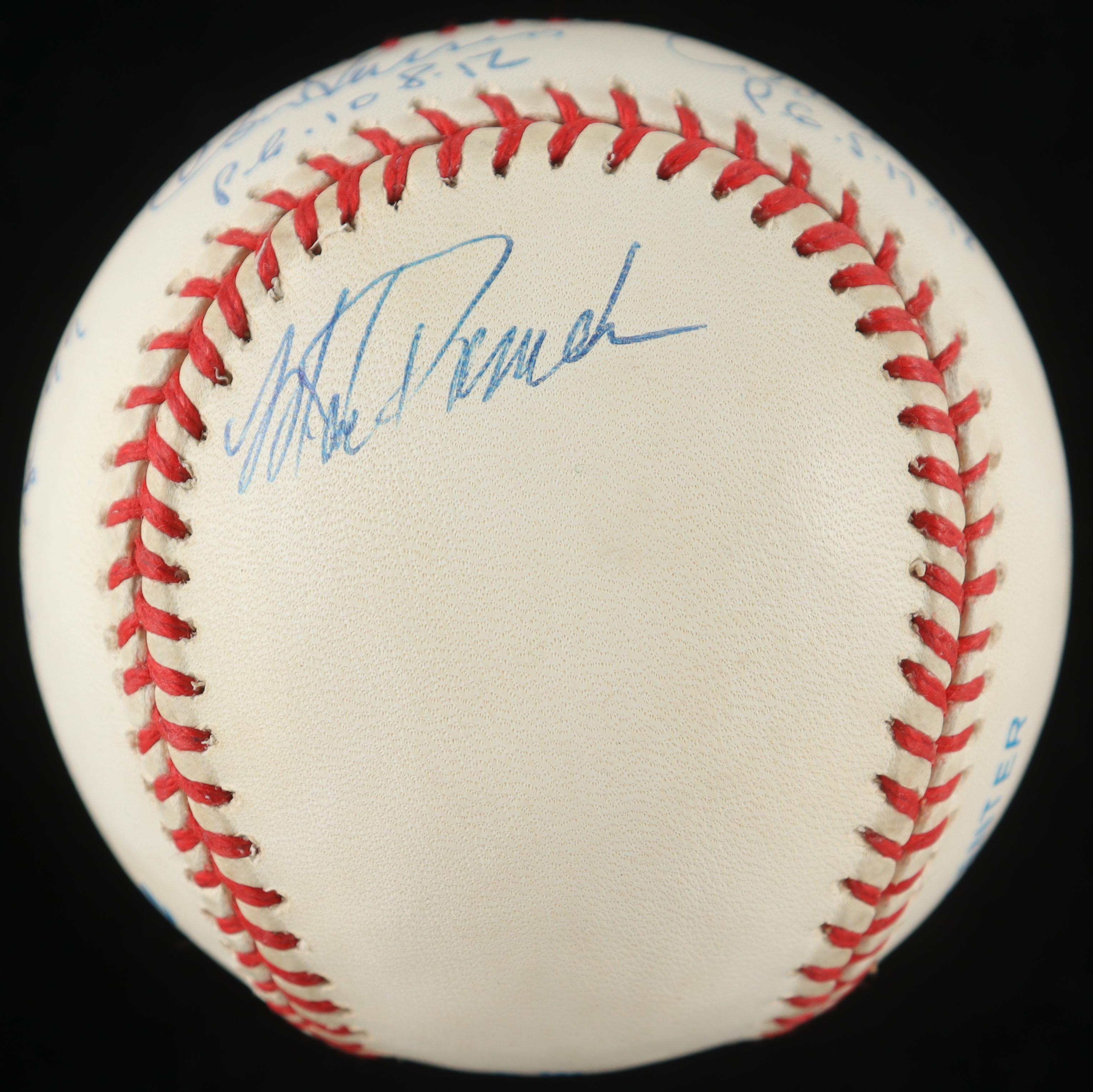 Perfect Game Pitchers & Catchers OAL Baseball Signed by (6) with Don Larsen, Yogi Berra, David Cone, Joe Girardi, Dave Wells with Perfect Game Stat Inscriptions (Stacks of Plaques) at PristineAuction.com Perfect Game Pitchers & Catchers OAL Baseball Signed by (6) with Don Larsen, Yogi Berra, David Cone, Joe Girardi, Dave Wells with Perfect Game Stat Inscriptions (Stacks of Plaques) at PristineAuction.com